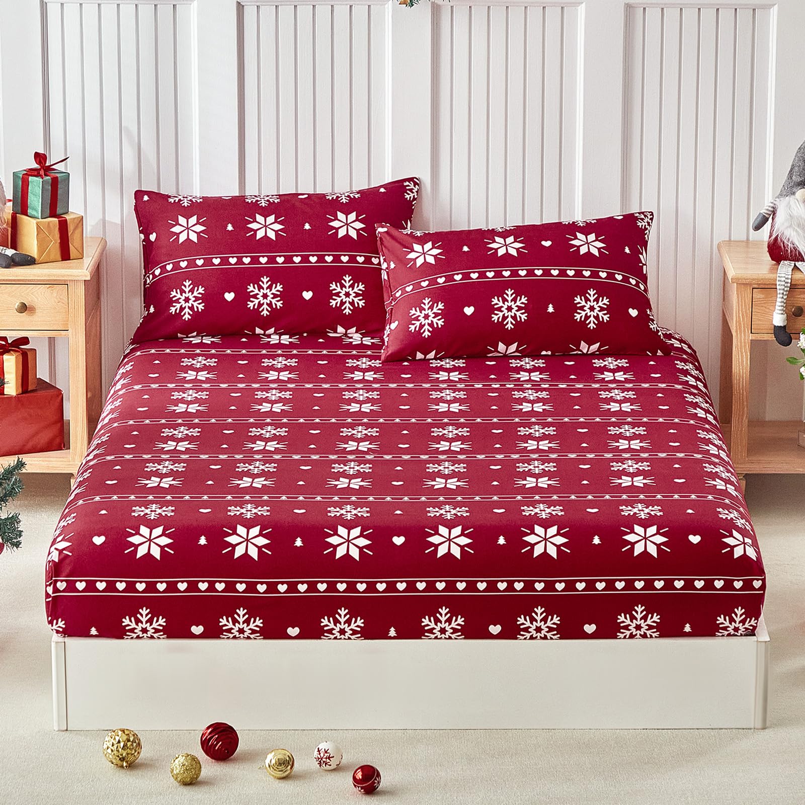 Tokokimo Christmas Queen Size Fitted Sheet with 2 Pillowcases, Snowflake โ image 1