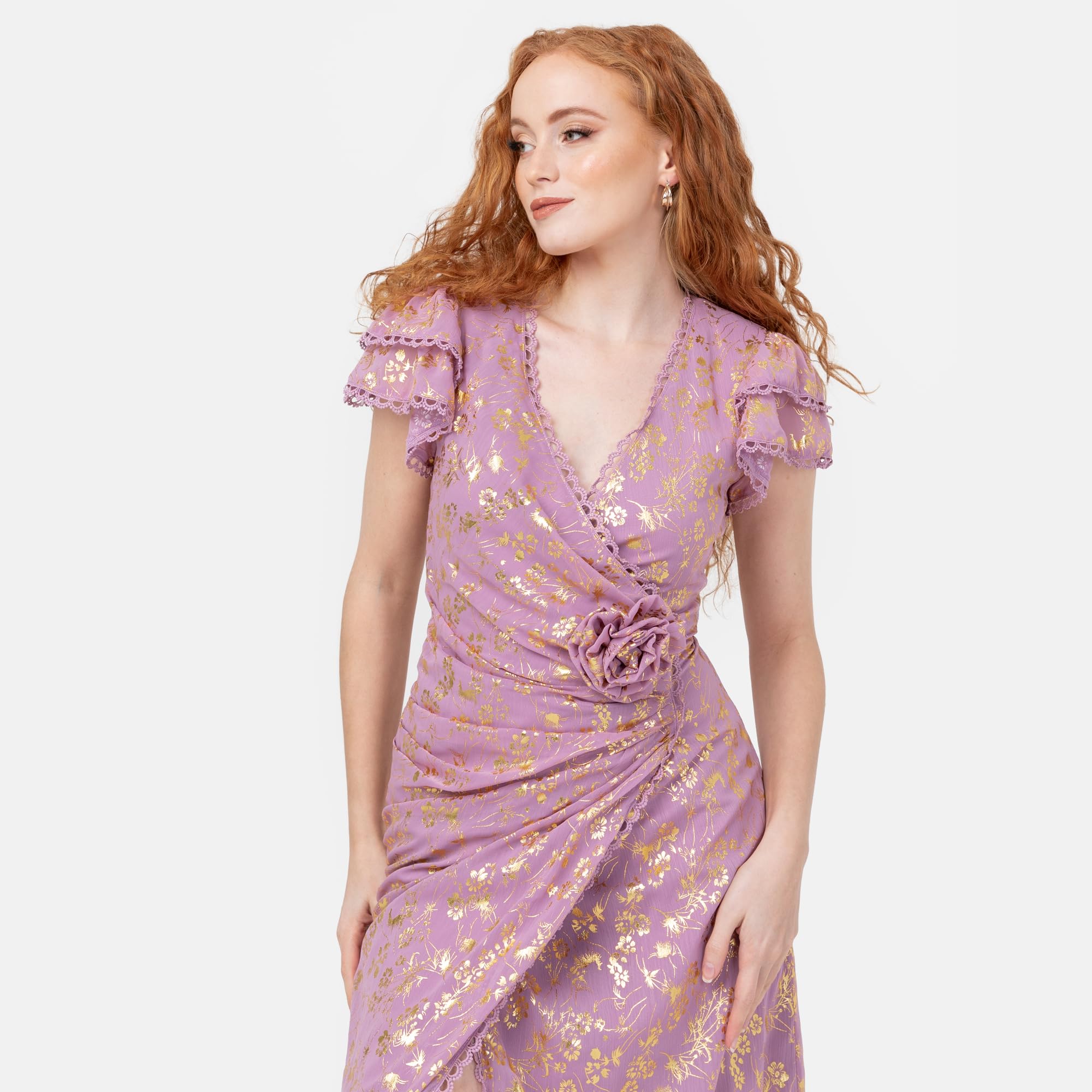 Maya Deluxe Damska sukienka maxi damska owijana dekolt w serek krótki rękaw trzepotany złoty folia żakardowy gorset w kształcie litery A Prom Ball Gown, różowa orchidea 44, Różowa orchidea, 42