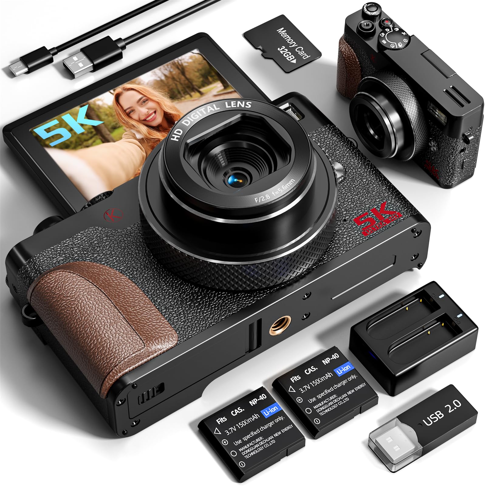Appareil Photo numérique 5K, 64MP caméra de vlogging, WiFi caméra de vlogging Youtube contrôlée par et Application, 18X Appareil Photo Compact avec Carte TF 32 Go, objectifs Grand-Angle et Macro