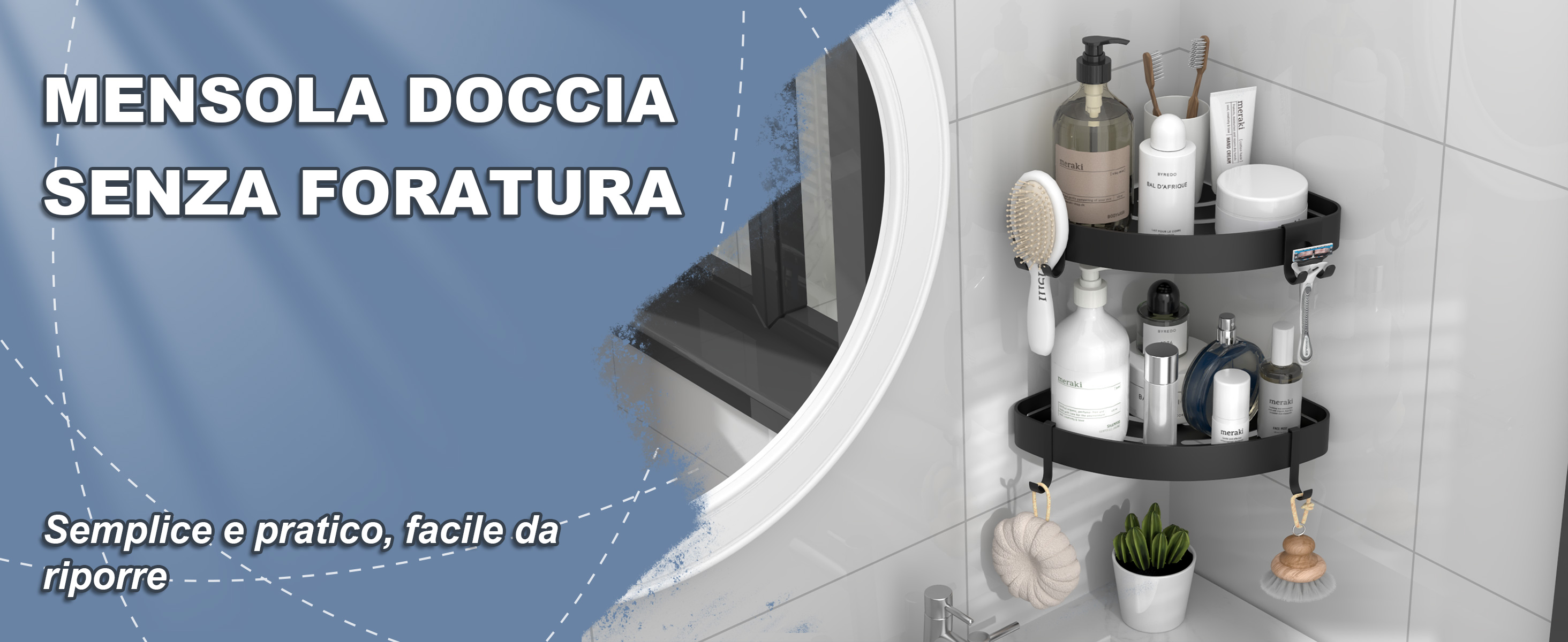 RUIHANDA 3 in 1 Upgrade Mensola Doccia Acciaio Inox [15KG Capacità di Carico!] [10mm Addensato][6cm Bordo Alto + 22 Ganci] Organizzatore Angolare Mensola Doccia, Senza Forare, Nero