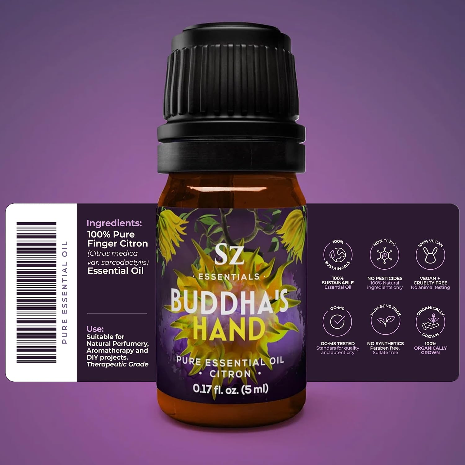 Buddha's Hand Essential Oil, 100% Pure, Extracted from The Most Fragrant Italian Finger Citron - Citrusy & Lemony Scent with Sweet Overtones - Therapeutic Grade & Vegan - 0.17oz (5ml)