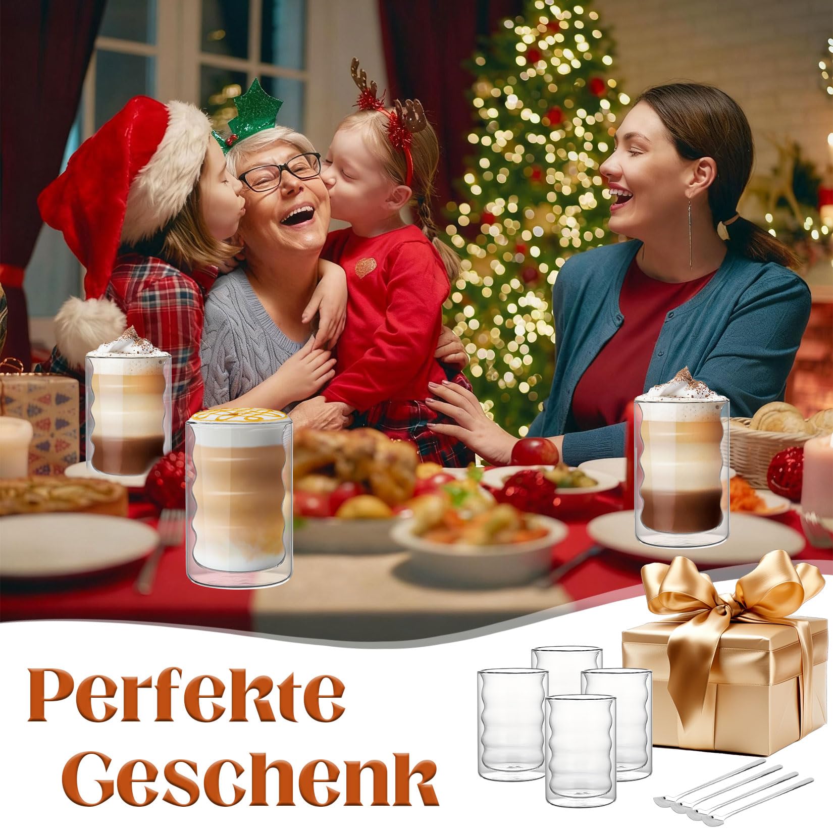 Zestaw 4 szklanek do latte macchiato z podwójnymi ściankami 350 ml, spiralne szklanki ze szkła borokrzemowego, szklanki termiczne, podwójne ścianki z 4 łyżeczkami, przezroczyste szklanki do