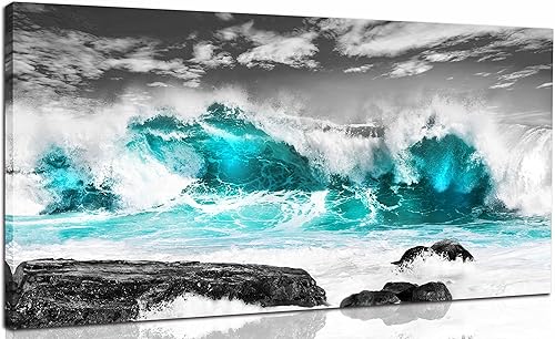 Lienzo de playa para pared, pintura de océano, decoración de pared verde azulado para sala de estar, listo para colgar, tamaño 40 x 20 pulgadas