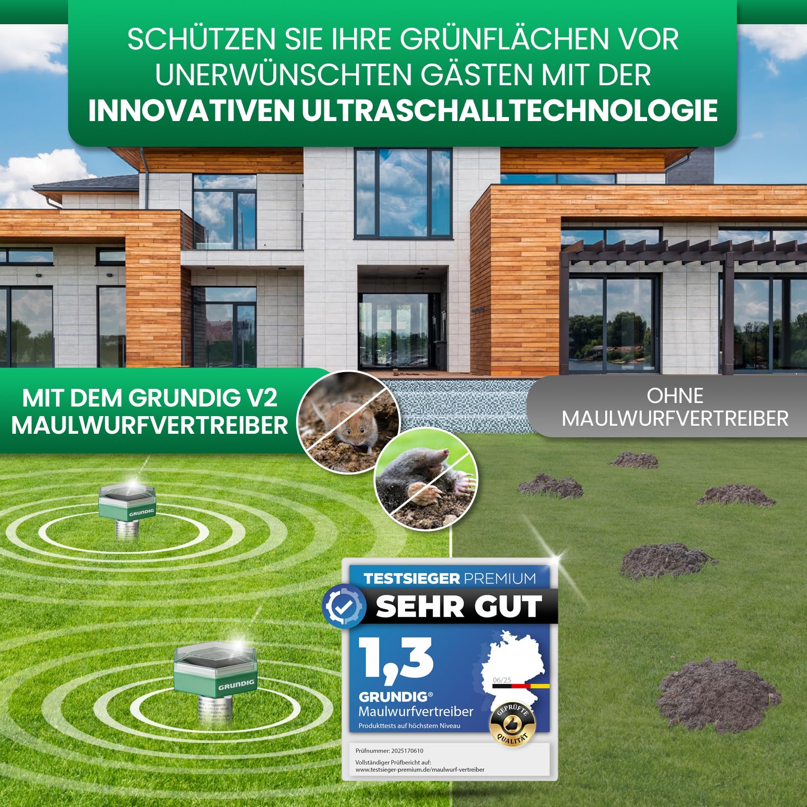 GRUNDIG Maulwurf Vertreiber Wühlmausschreck 2erPack - SCHNELLE Ergebnisse mit extremen Wirkradius I Wühlmaus, Maulwurf vertreiben - Solar Maulwurfschreck Maulwurfvertreiber (2 Stück (1Set))