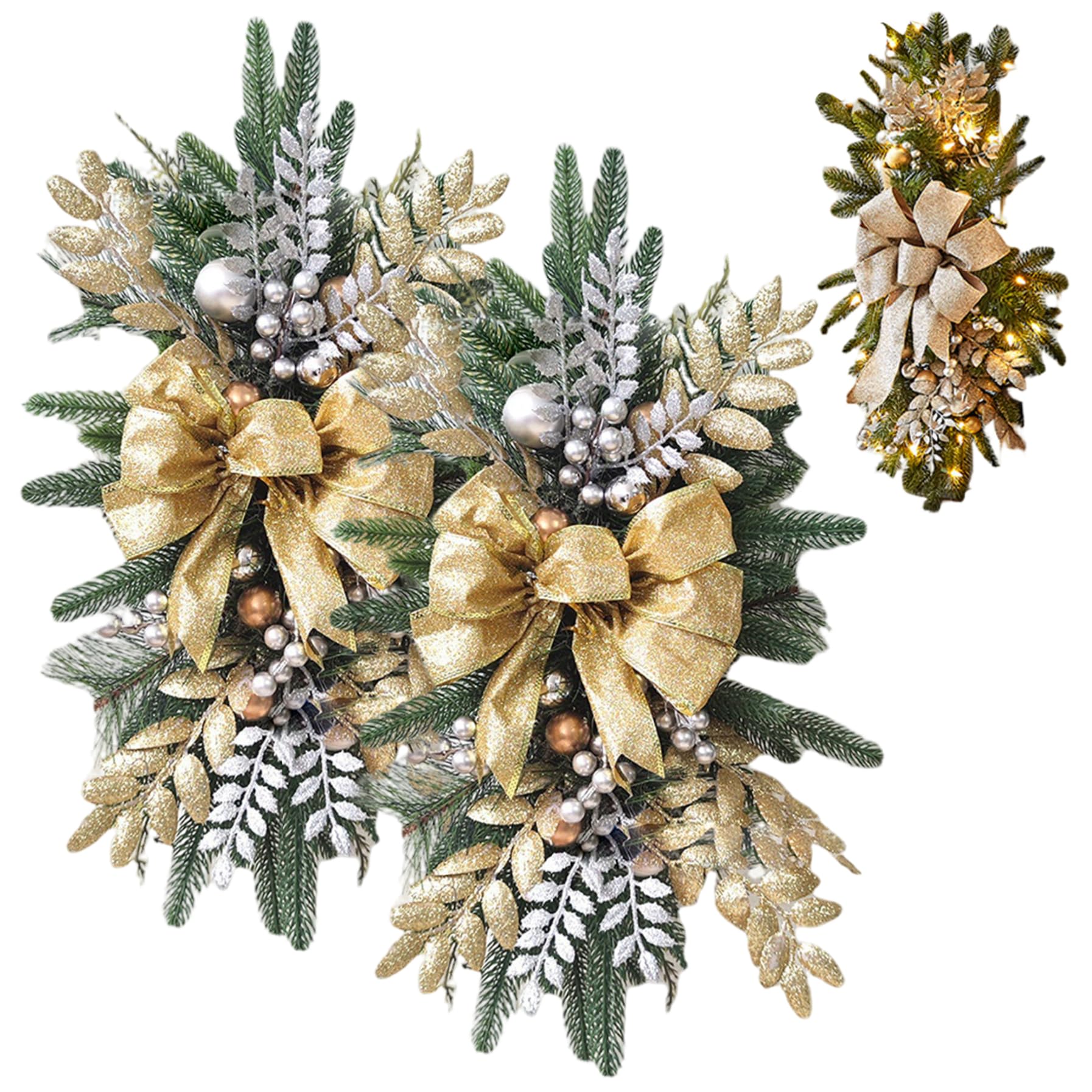 Esiifuu Light/Golden 2Pcs Christmas Teardrop Wreath, Up Cordless Prelit Stairway Swag Trim, Hanging Christmas Swag Wreaths For Front Door Wall Window,