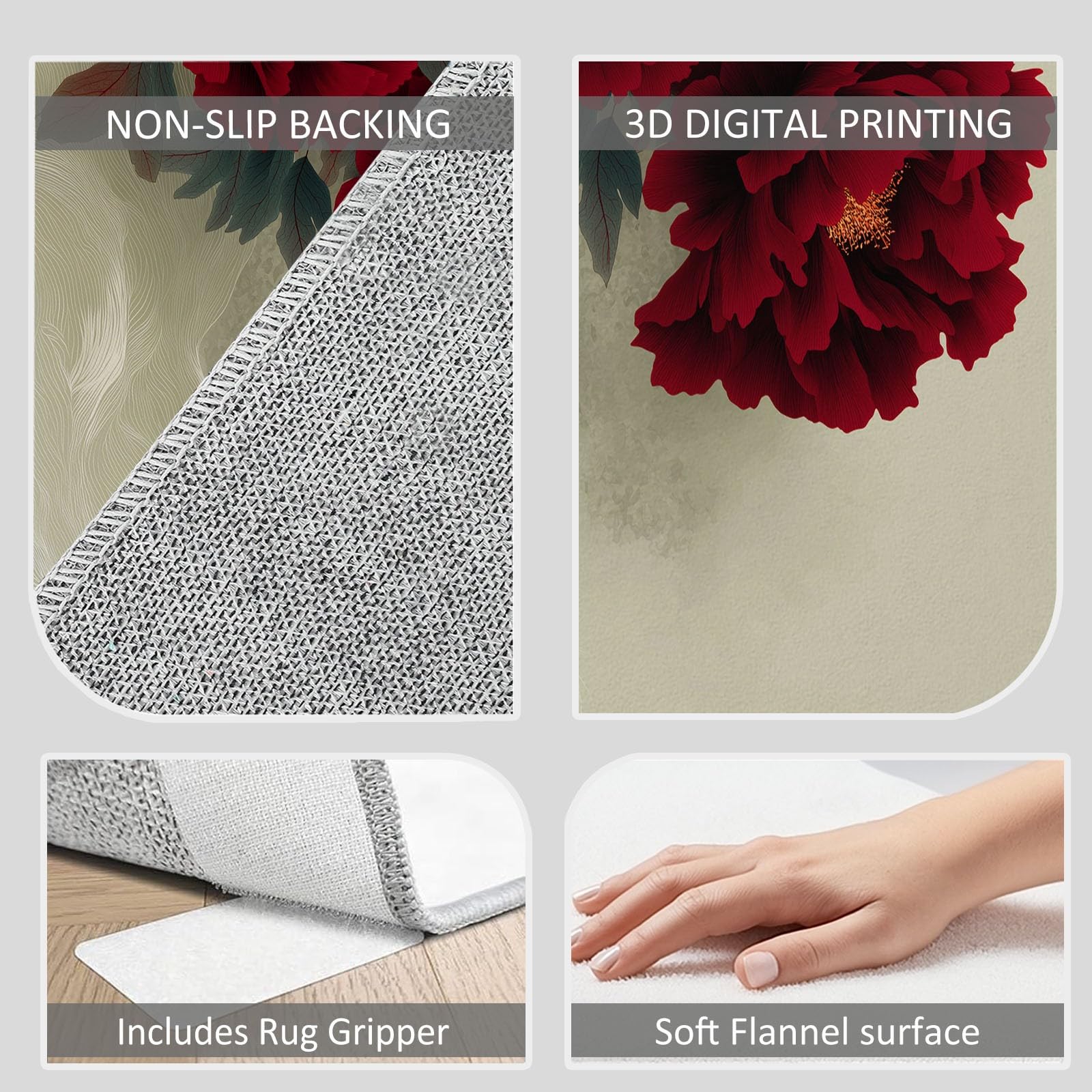 Générique Tapis Imprimé Encre Chine Plantes Fleurs 180x240 cm Moquette Poil Court Doux, Antidérapant, Léger et Résistant, Tapis Gris Clair Décoratif pour Salon Chambre à Coucher Salle à Manger