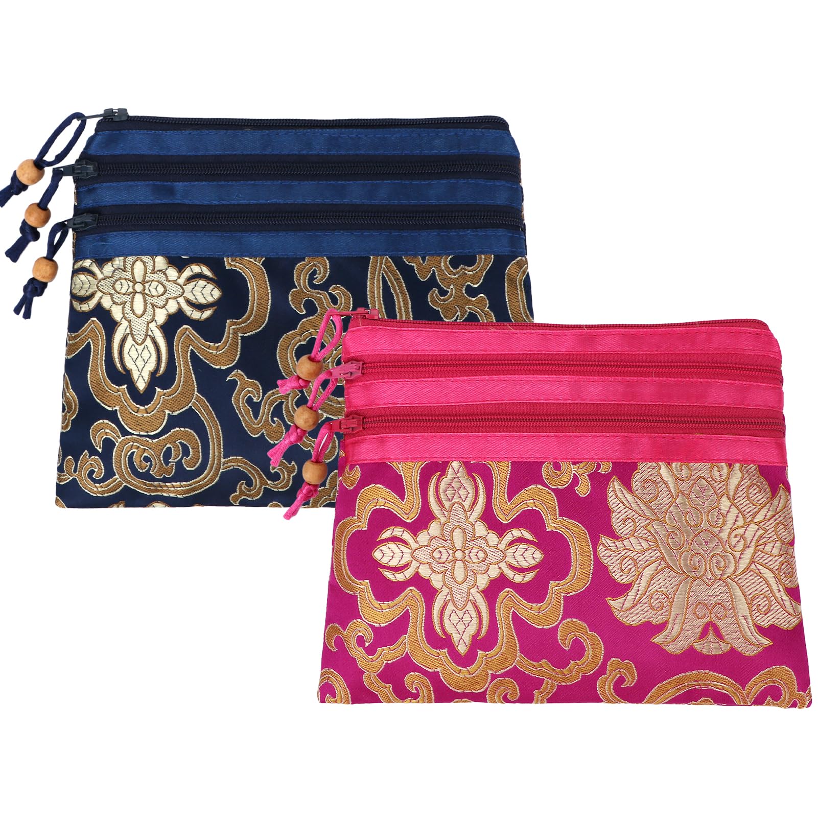 kiloflyKilofly Chinese Silk Brocade Jewelry Pouch with 3 Zippers and Tassels Set of 2 Set2C