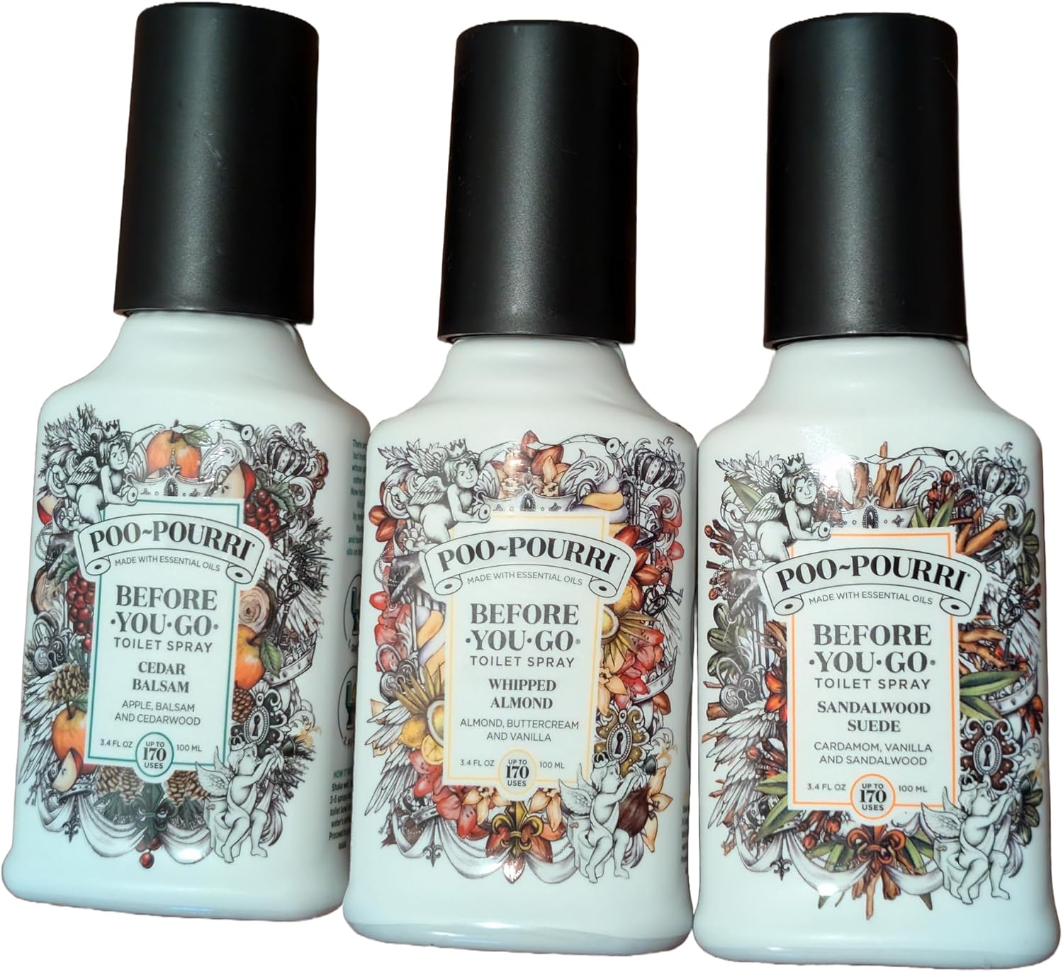 Poo-Pourri Toilet Spray Set, Variety Pack, 3.4 fl oz, 3-count, Includes Cedar Blossom, Whipped Almond, and Sandalwood Suede, New Larger Size