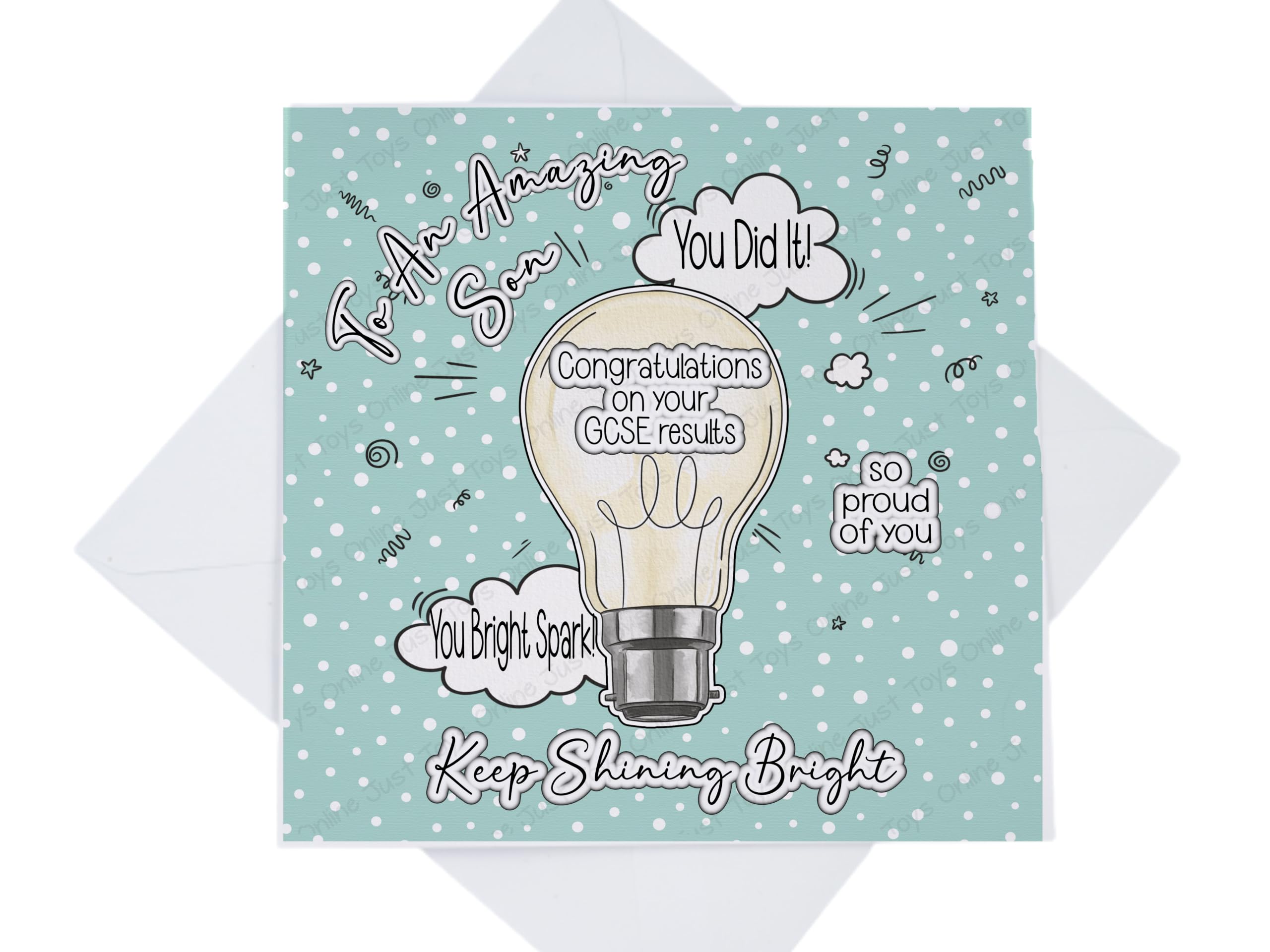 Well Done Son GCSE Exam Results Card, Son GCSE Results Congratulations Card, Light Bulb Bright Spark Card (Teal)