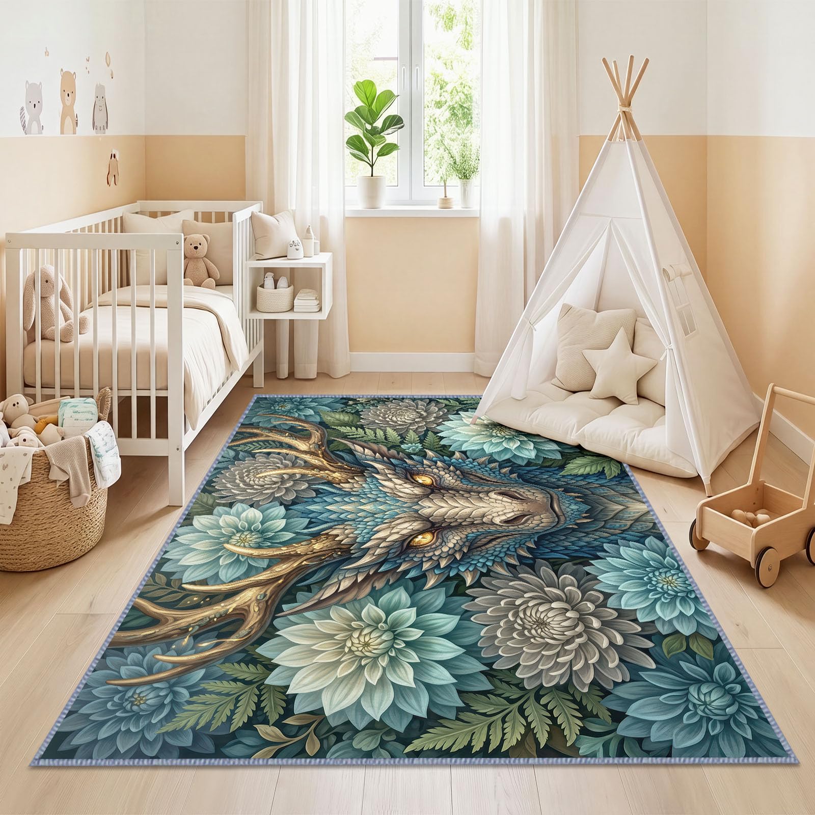 Générique Lavable en Machine Tapis Salon 140x200 cm, Dragon Floral Antidérapant à Poil Ras Tapis, Moderne Fantaisie Décoration Écologique pour Salle à Manger Couloir Chambre Bureau