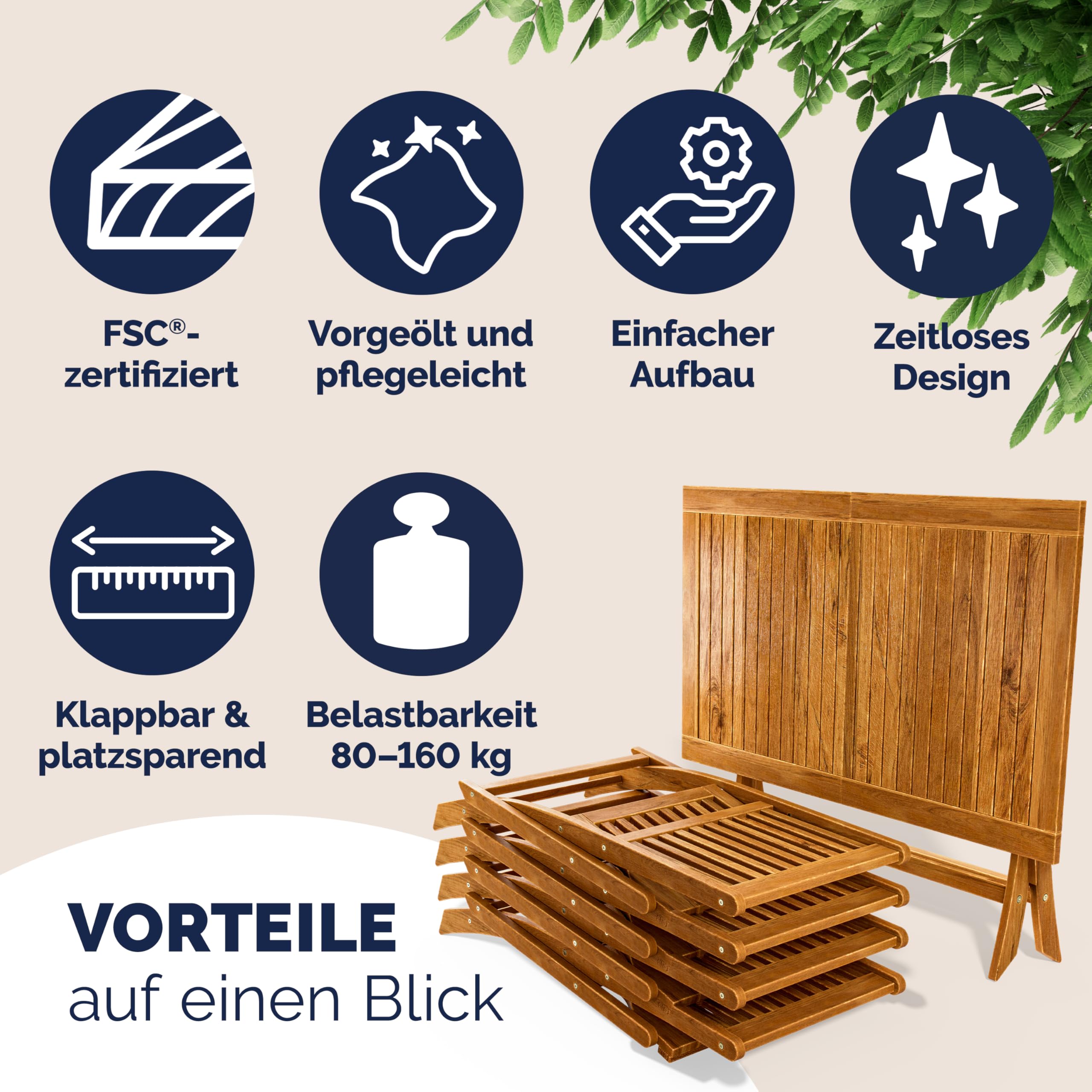 Casaria Set di Mobili da Giardino 5 Pezzi Modello 2026 Tavolo Extra Stabile Rinforzo Legno Acacia FSC 4 Sedie Pieghevoli