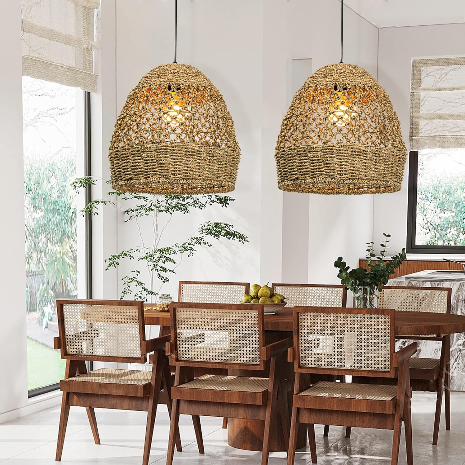 1 Light Seagrass Chandelier for Kitchen, Rustic Wicker Pendant Lighting, Handmade Basket Lampshade for Dining, 13.78" W Hanging Lamp Ceiling Light Fixture Farmhouse for Apartment Bedroom