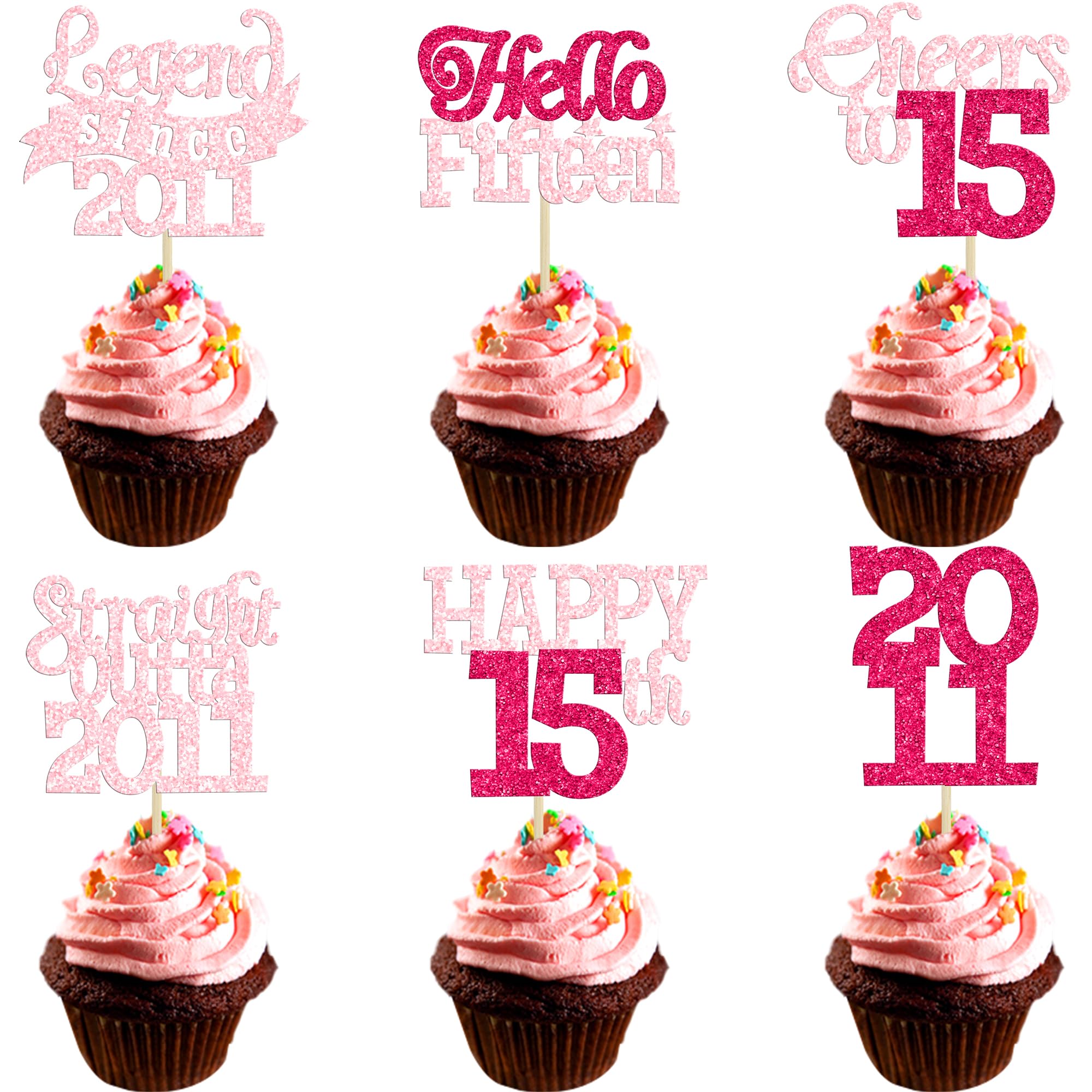Gyufise 24Pcs Happy 15th Birthday Cupcake Toppers Hello Fifteen Legend Since 2011 Cupcake Picks Cheers to 15 Years Cake Decorations for 15th Birthday Anniversary Party Supplies Pink Rose Red