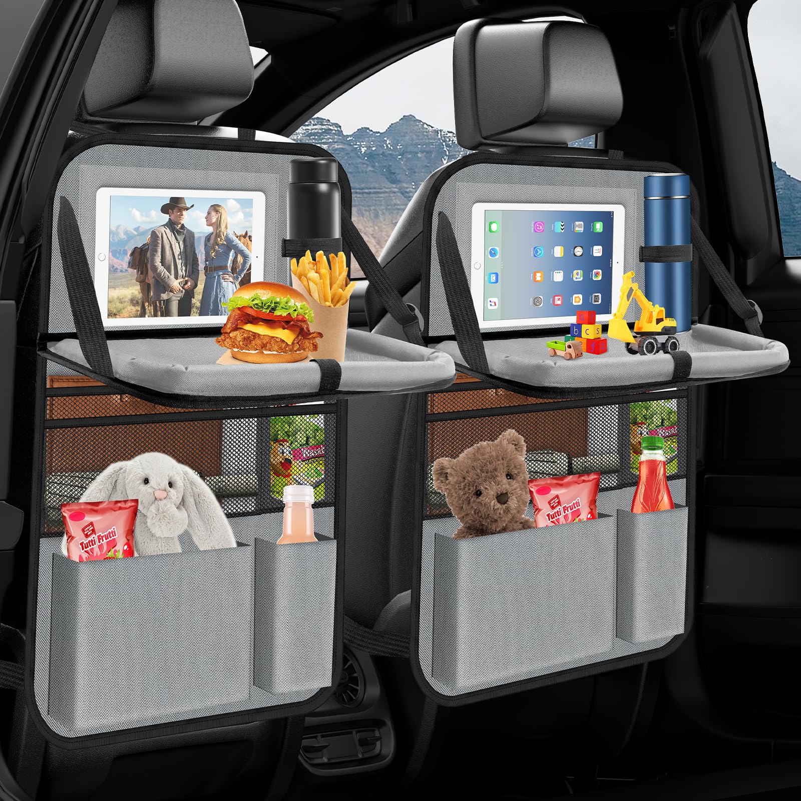 Oneyus Auto Organizer, 2 Stück Autositz Organizer Große Rückenlehnenschutz Auto Kinder Multifunktional Wasserdicht Rücksitz Organizer mit Klapptisch,Tablet Tasche und Viele Taschen-Grau Schwarz