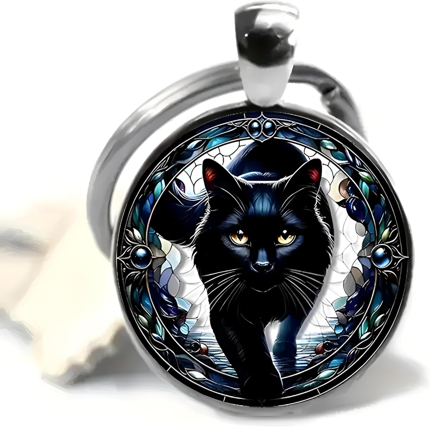 SUPAC Mystic Cat Art Glass Pendant Keychain, Double-Sided Round Design, Floral Pattern, Silver Keyring, Black Brown Kitten image 3