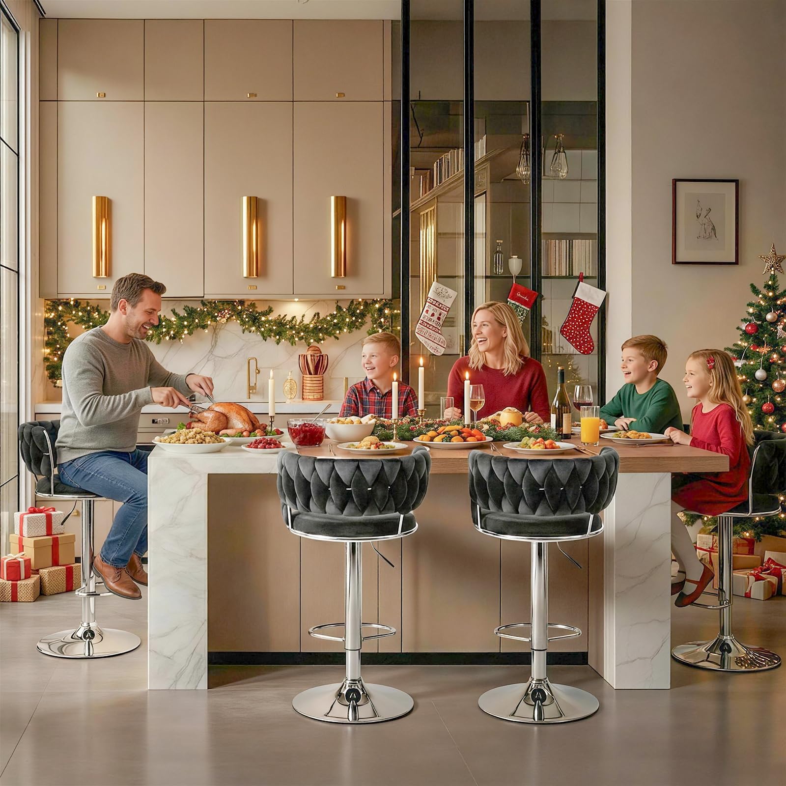 LEADZM Barhocker 2er Set, Barhocker Höhenverstellbar mit Samtsitz, Barstuhl 2er Set, Bar Stool, Küchenhocker, für Bar Küche Theke Café (Schwarz)