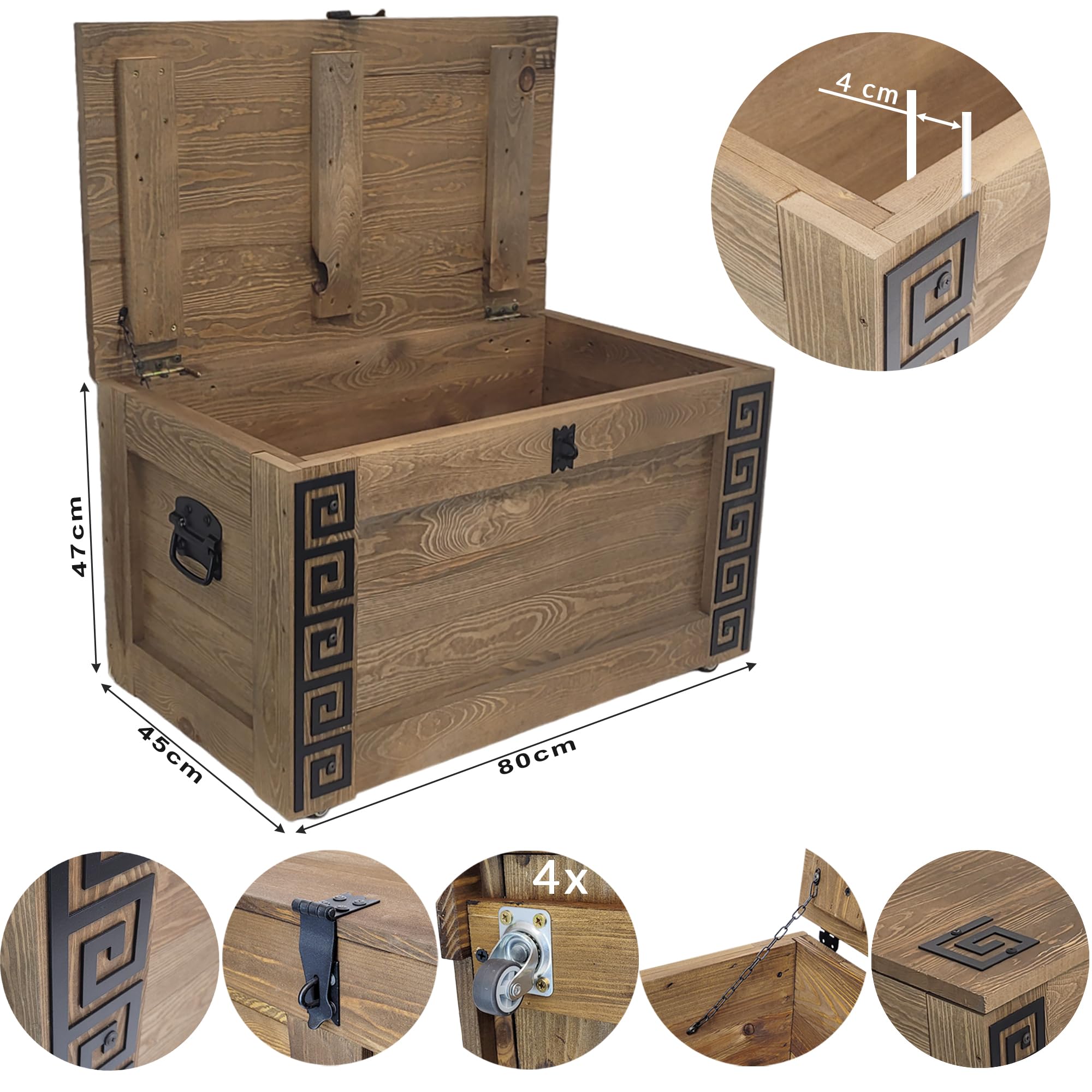 weeco Baúl de madera con diseño griego con ruedas, caja de madera de 80 x 47 x 45 cm, mesa de café, cofre del tesoro, mesa auxiliar, tapa plegable y espacio de almacenamiento, caja de muebles de