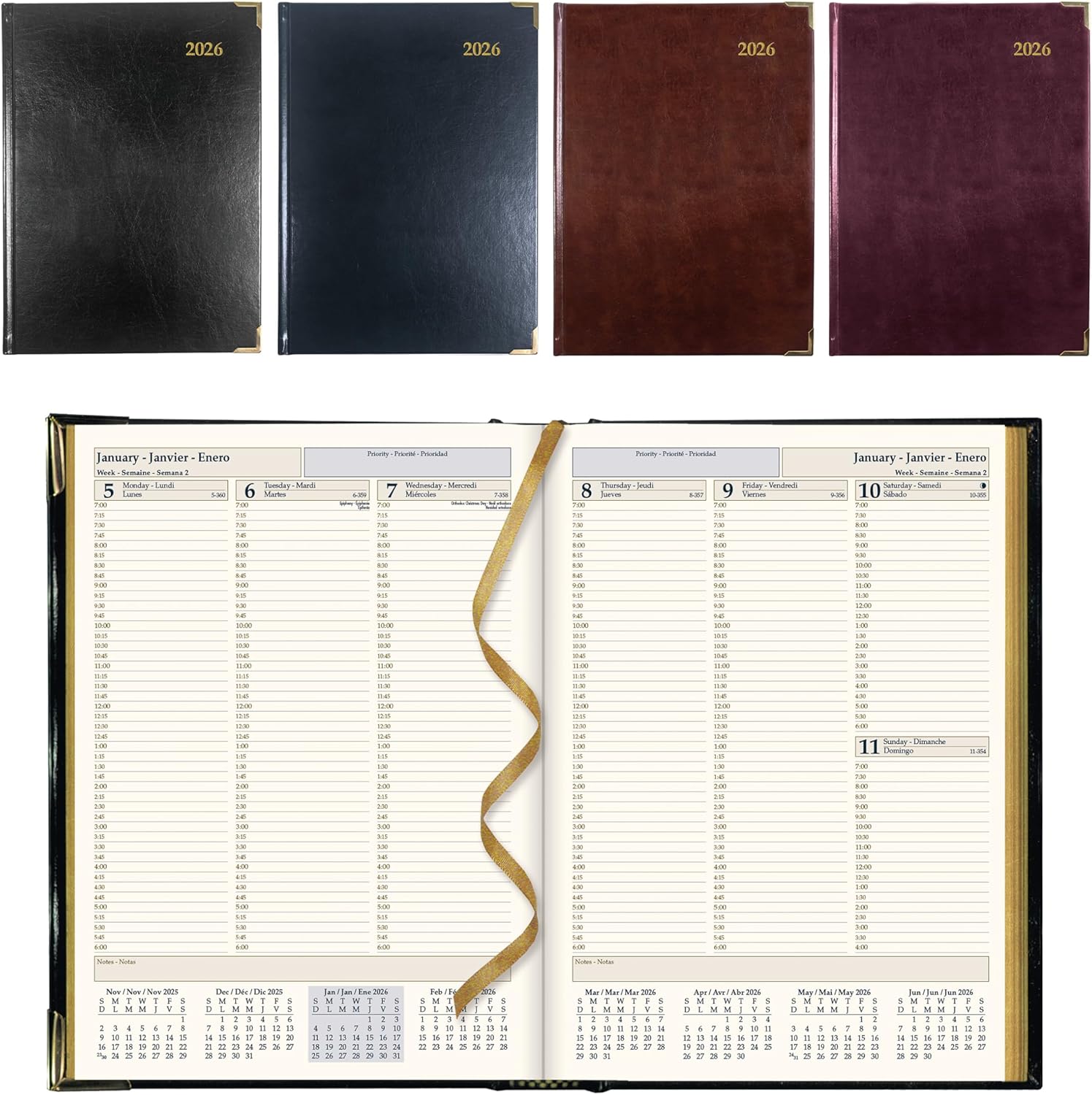 Brownline® 2026 Executive Weekly Planner, Appointment Book, 12 Months, January to December, Sewn Binding, 10.75" x 7.75", Assorted Colors, Trilingual (CBE512.ASX-26)