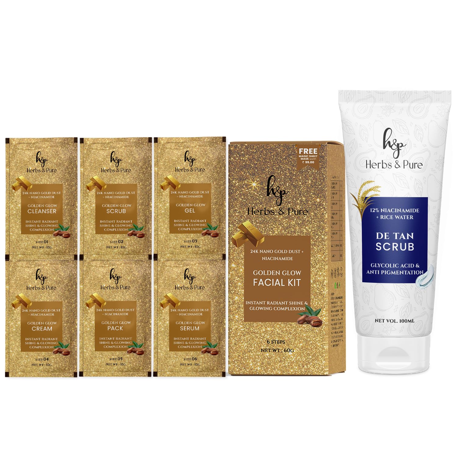 Herbs and Pure Golden Glow Facial Kit( 60 GM ) For Instant Shine, 6-Pieces Skin Care, De tan Scrub (100 ML) for Anti Pigmentation With Magic Sheet Mask and Disposable Head Cap- Pack Of 2