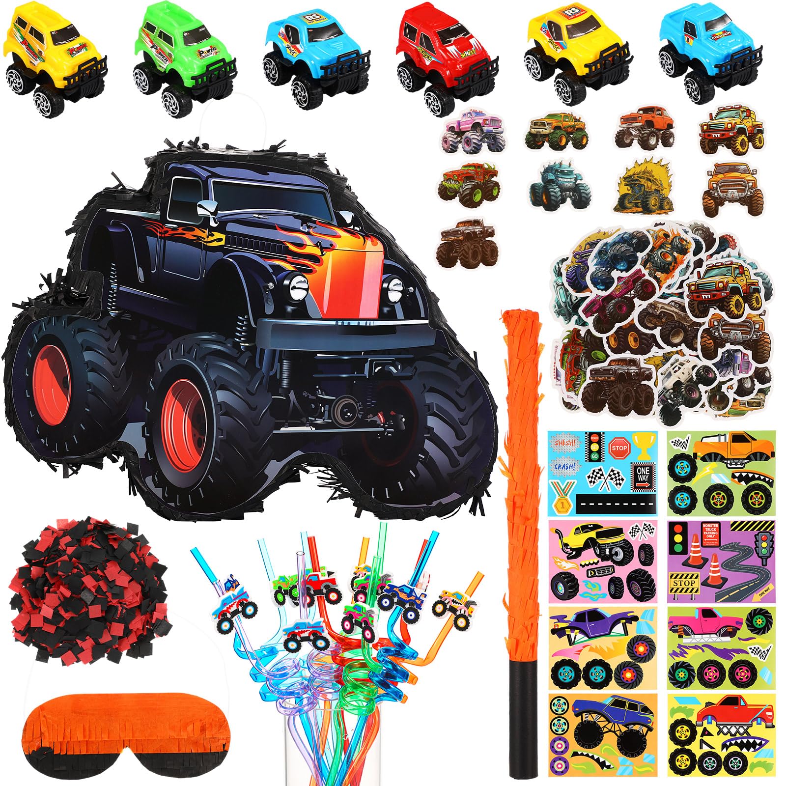 Hiboom 102 Pcs Truck Party Favors Set 1 Truck Piñata 1 Stick 1 Blindfold 1 Bag of Confetti 24 DIY Stickers 12 Drinking Straws 12 Vehicles 50 Sticker
