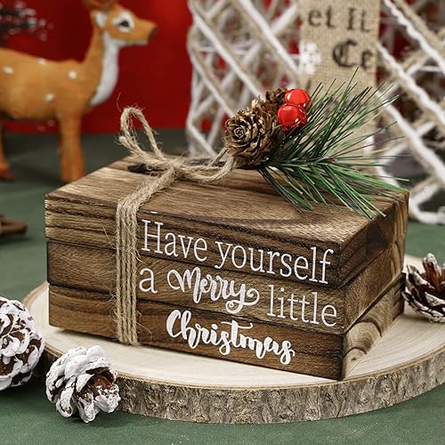 Miniatura 1 de Whaline Bandeja de madera escalonada de Navidad, diseño de Feliz Navidad, paquete de libros apilados decorativos de madera, letrero de bloque de