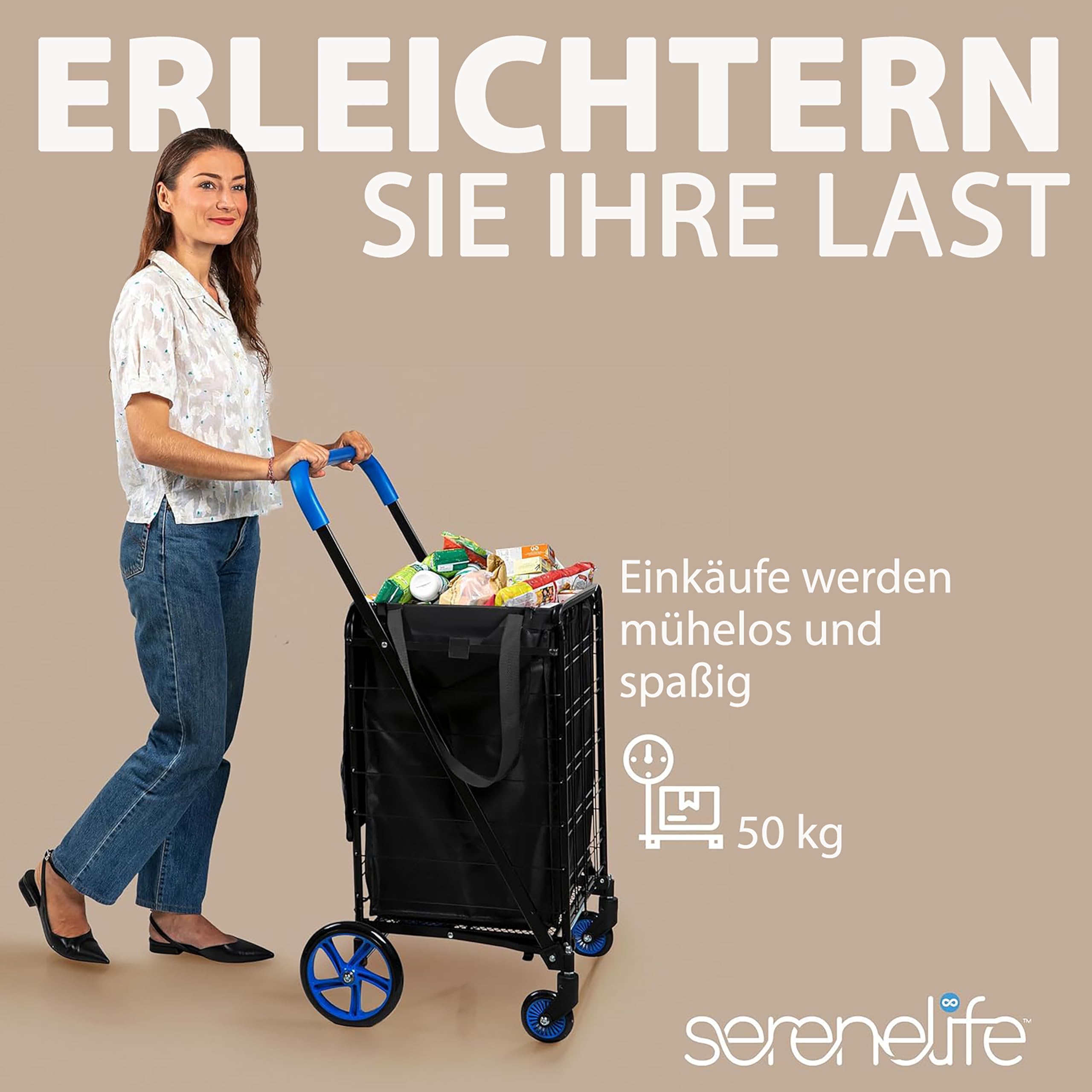SereneLife Einkaufstrolley Klappbar & Treppensteiger, Einkaufswagen- aus Metall, Shopping Trolley- 50Kg mit Schwenkbare Räder, Hackenporsche, Robuste Sackkarre, Shopping Cart- mit Abnehmbarem Liner