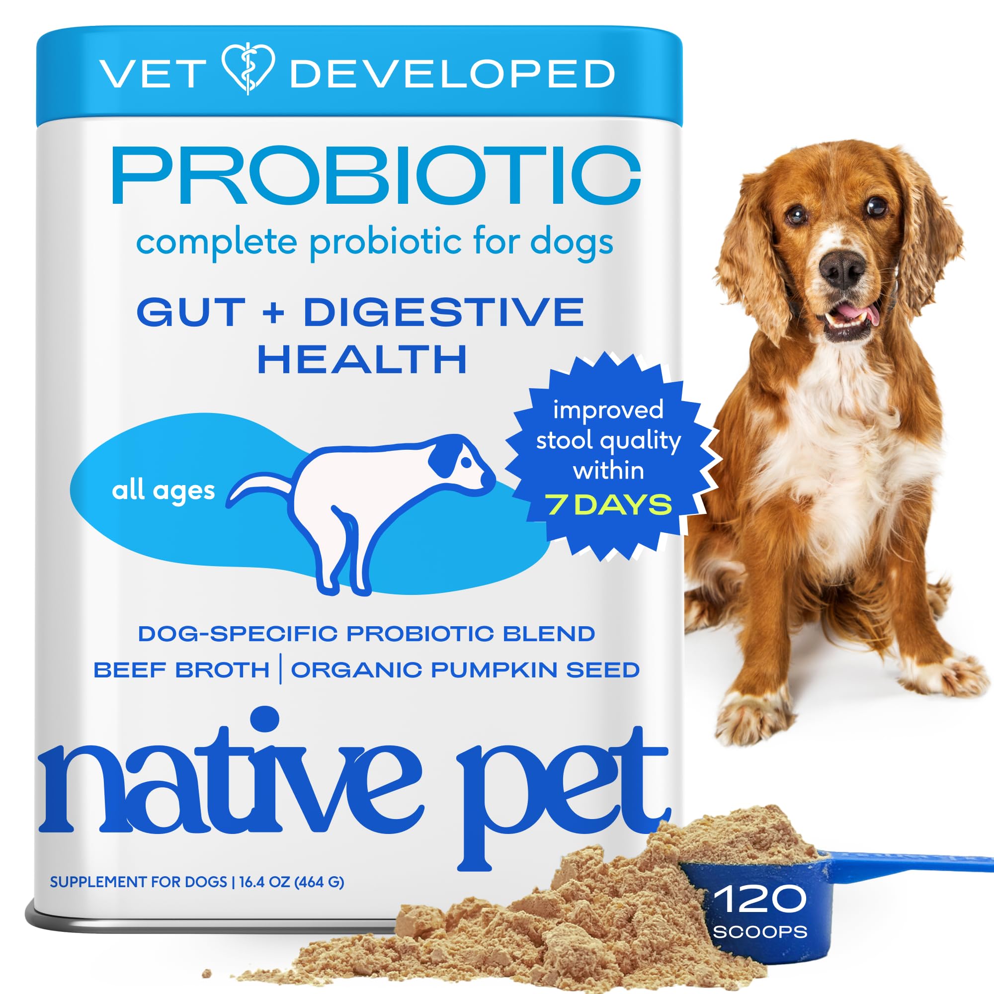 Native Pet Probiotics for Dogs - Dog Probiotics Powder for Digestive Health, Gut Support, & Immune Boost – Vet-Formulated Powder for Maximum Potency with Digestive Enzymes & Prebiotics - 120 Scoops