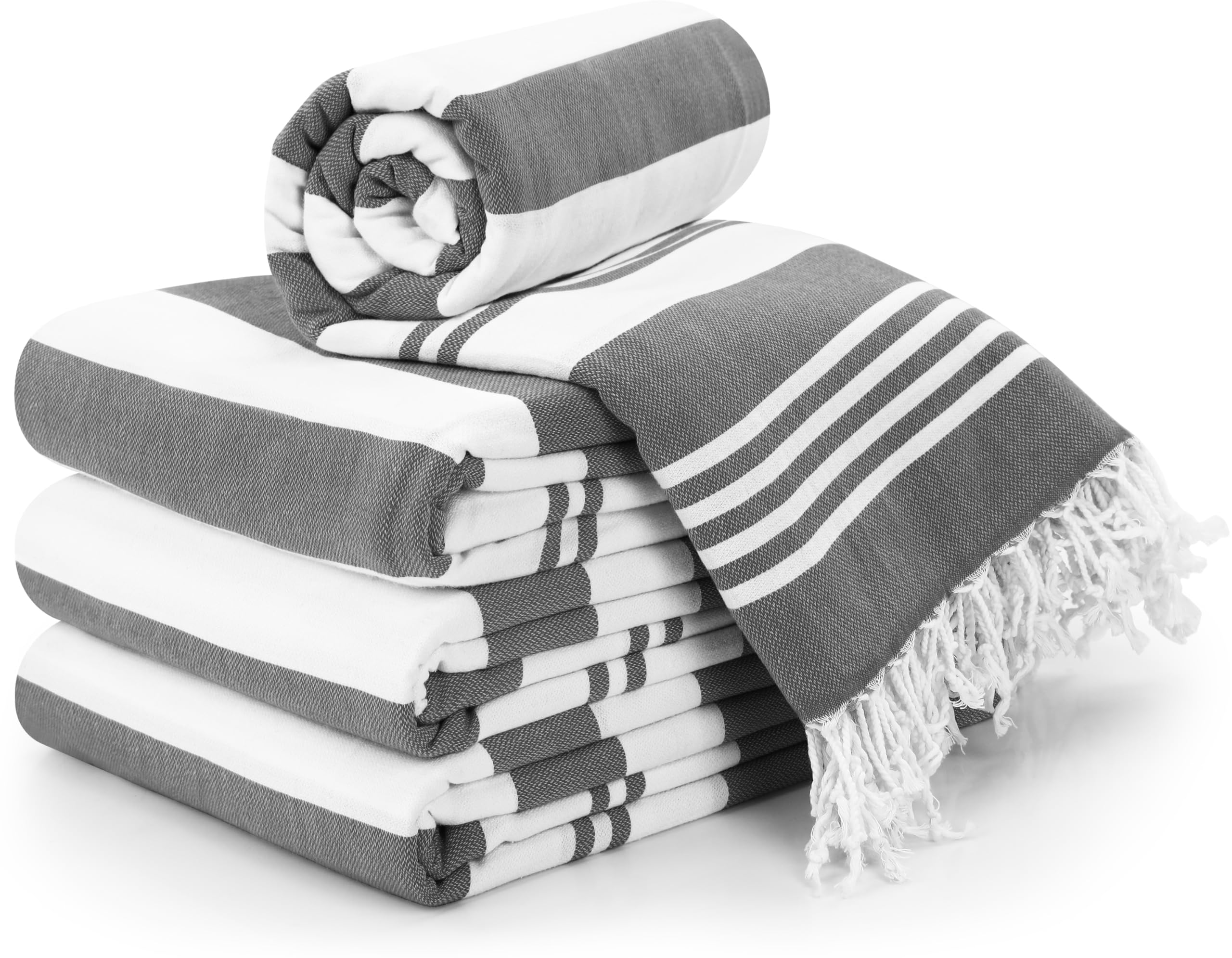 Utopia Towels 4 Pack Turkish Beach Towel, 40 by 72 Inches, 100% Cotton, Oversized Sand Free Lightweight Quick Dry, Prewashed for Soft Feel, Large Turkish Peshtemal Towel for Travel, Grey
