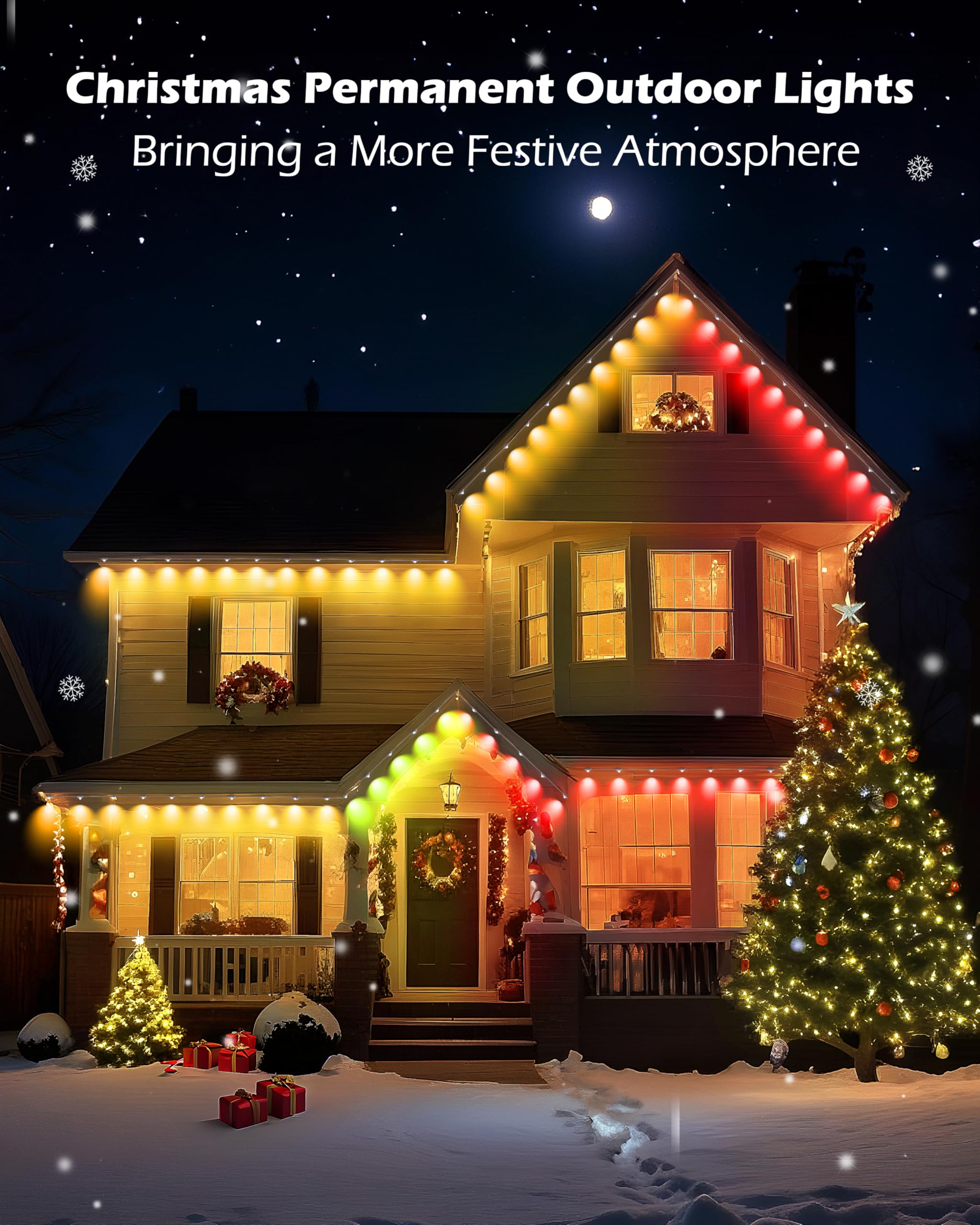 Luces de Navidad permanentes – Luces permanentes para exteriores de 50 pies para casa, IP65 impermeables LED permanentes luces de Navidad para exteriores, luces RGB para decoración de Navidad