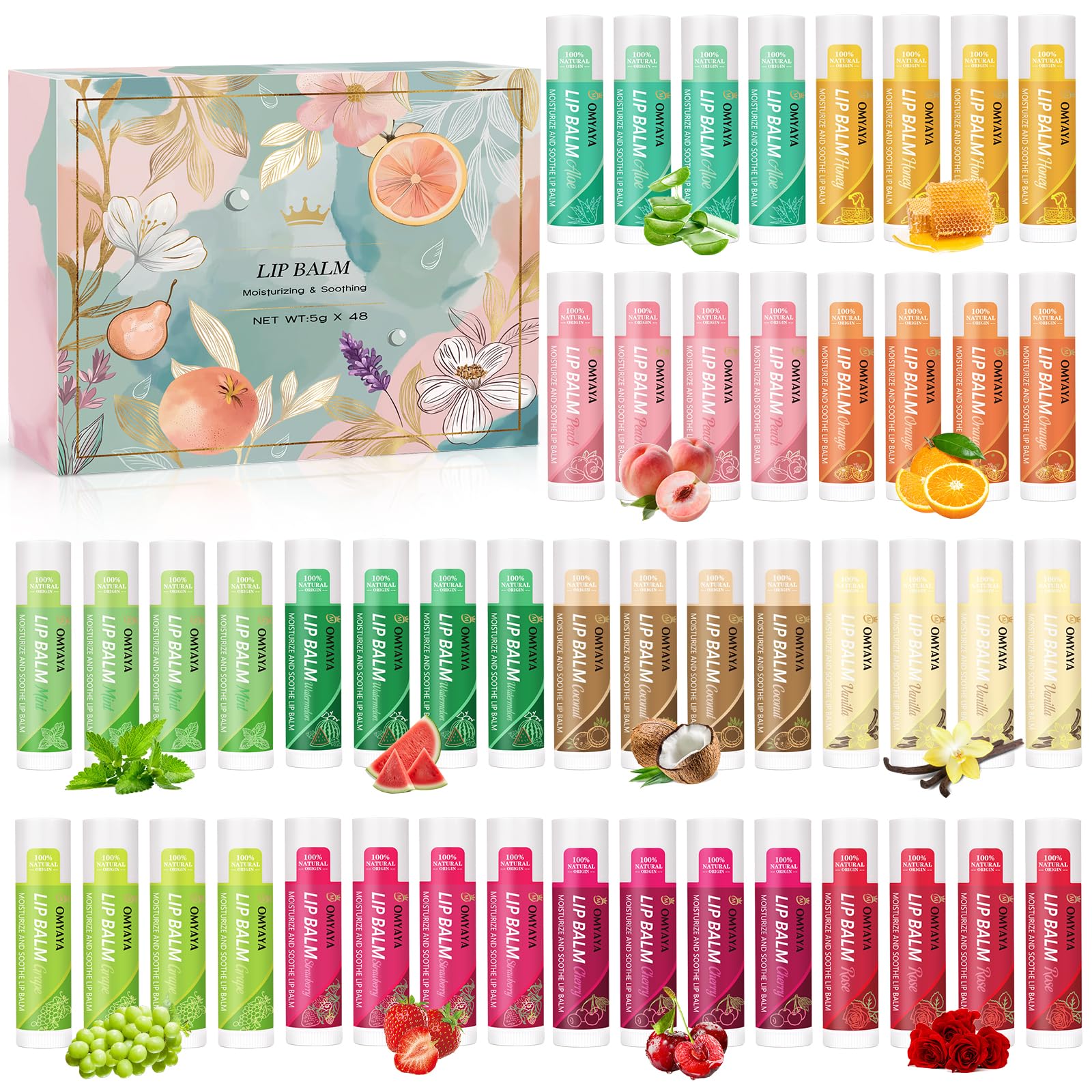 Lot de 48 baumes à lèvres aux 12 parfums différents pour les lèvres sèches et gercées. Baume hydratant idéal pour petits cadeaux pour femmes hommes anniversaire la Saint-Valentin la fête des Mères