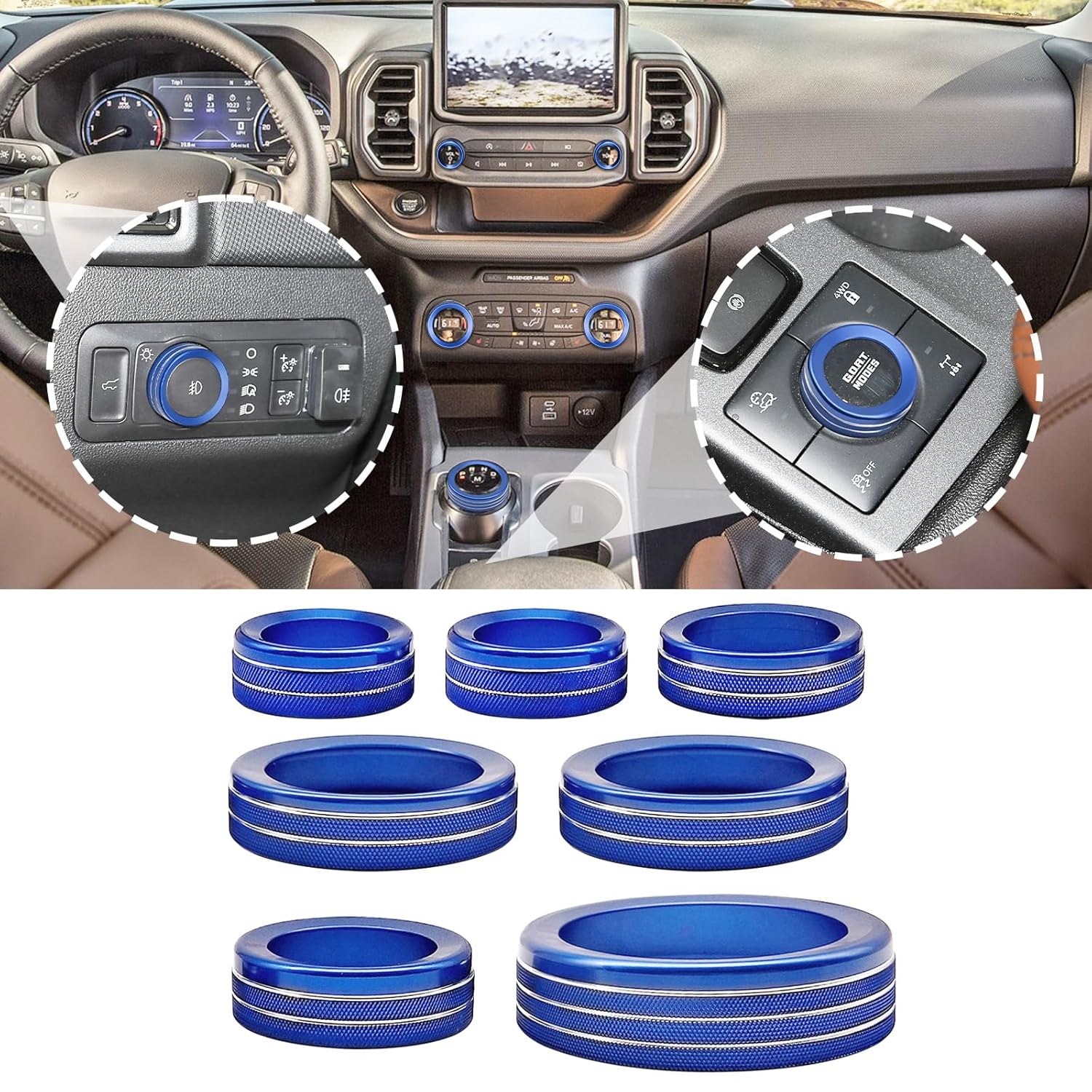 Compatible with Ford Bronco Sport 2021-2024 Accessories Center Console Air Conditioner Switch Headlight Knob Cover Aluminium Alloy Wheel Drive Trailer Gear Switch knob Set 7Pcs Blue Compatible with Ford Bronco Sport 2021-2024 Accessories Center Console Air Conditioner Switch Headlight Knob Cover Aluminium Alloy Wheel Drive Trailer Gear Switch knob Set 7Pcs Blue