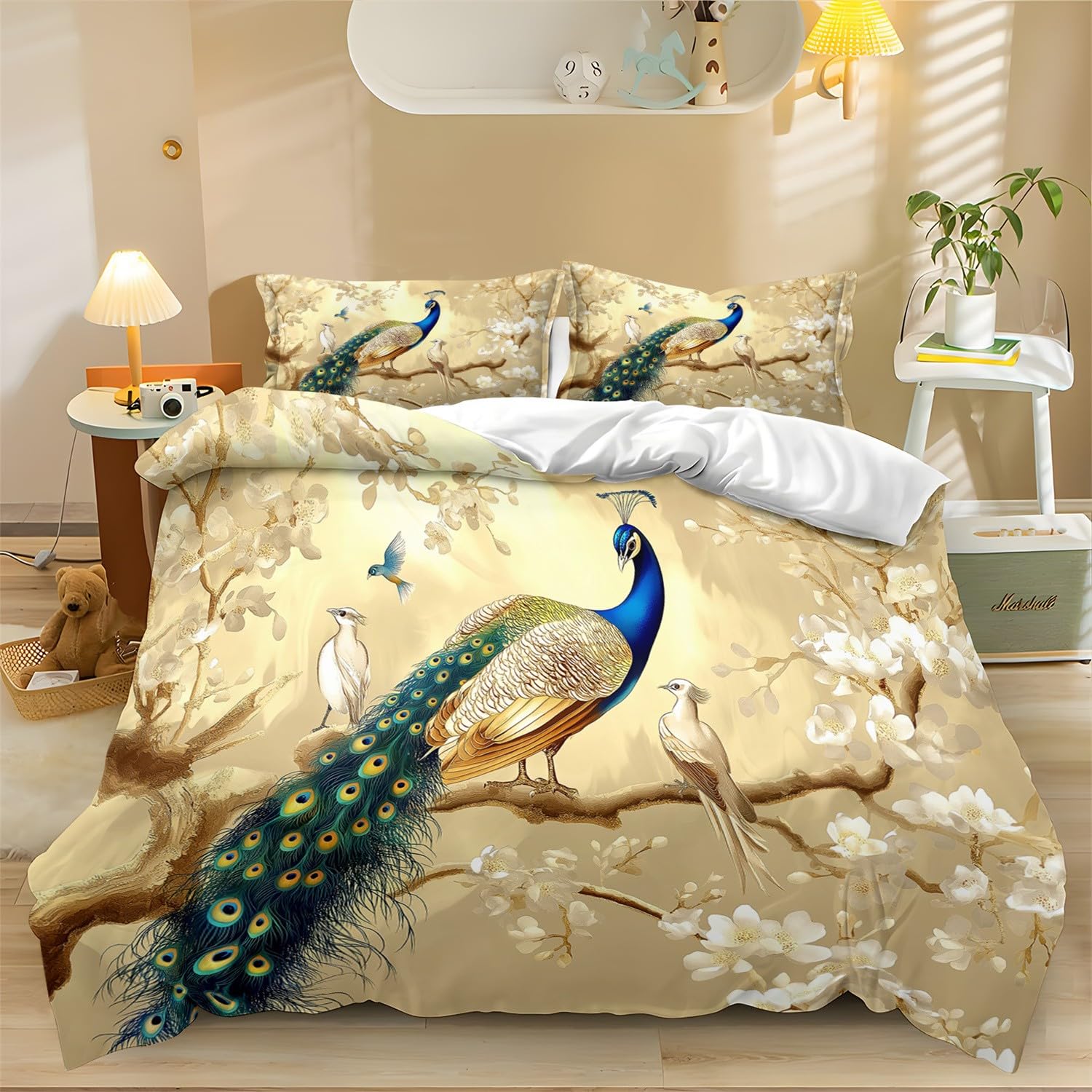 Print Duvet Cover Sets Yellow Fall bedding Quilt Cover with 2 Pillowcases Chinese Elements Beautiful Peacock Soft Microfiber Easy Care Reversible Duvet Set Quilt Bed Cover Single
