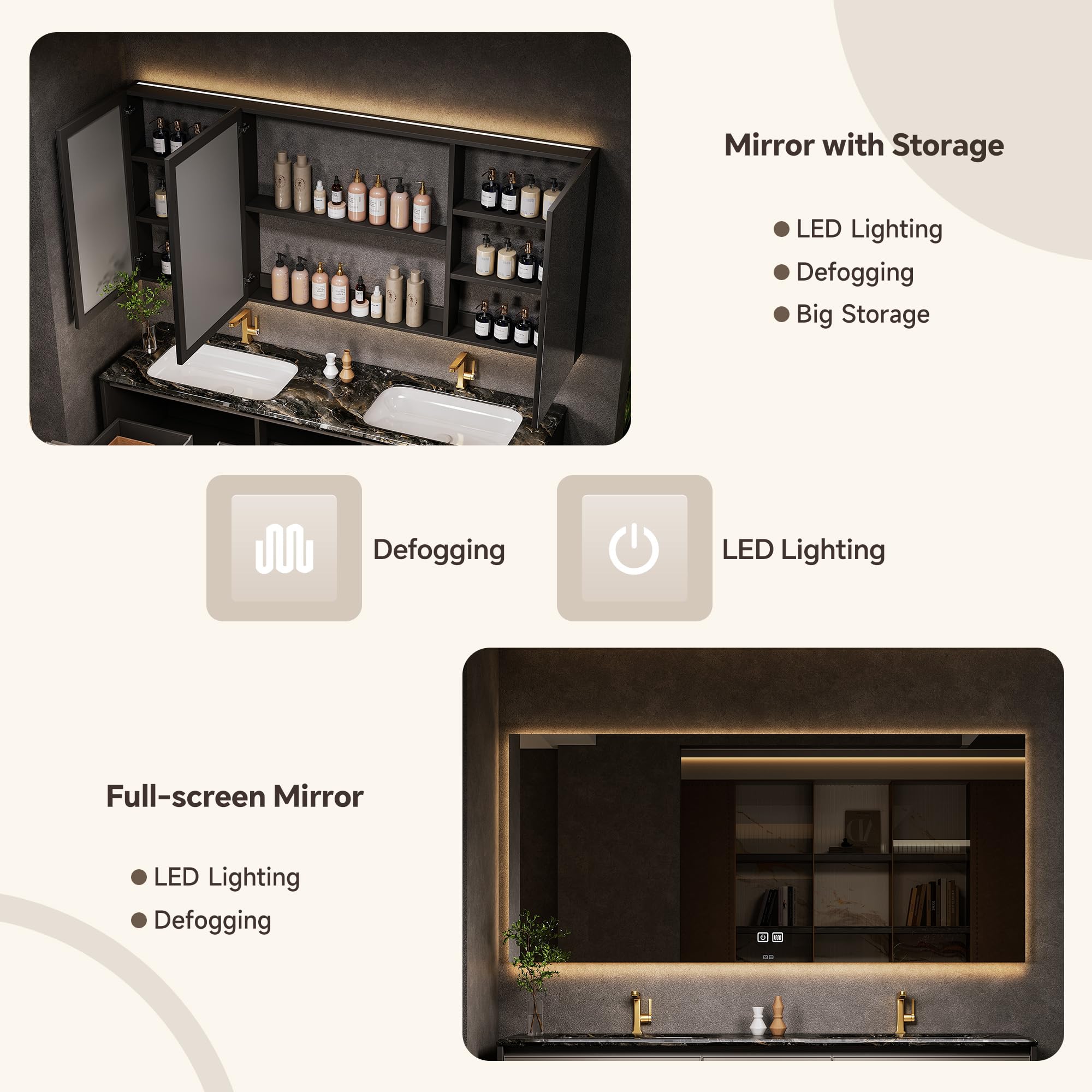 Moderno doppio lavabo da bagno con specchio LED anti-appannamento a parete design galleggiante in legno massello costruzione Sto Solut per bagni contemporanei