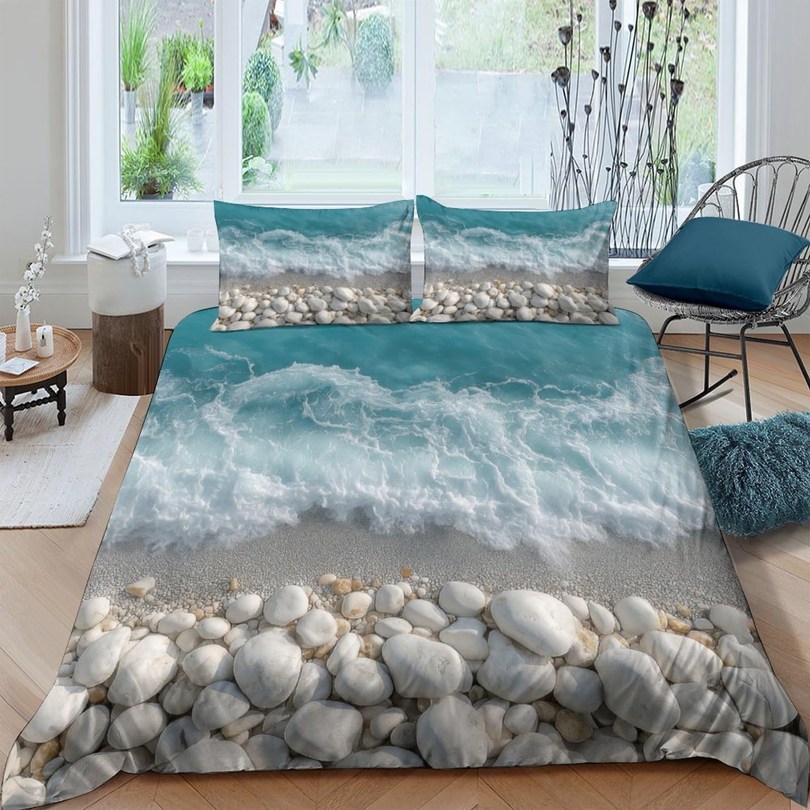 Ctjqhvkz Style-5 3D Printed Ocean Wave Fitted Sheet Microfiber Soft Breathable Pebble Beach Mattress Cover Decor For Bedroom Guest Room Single（135X200cm）