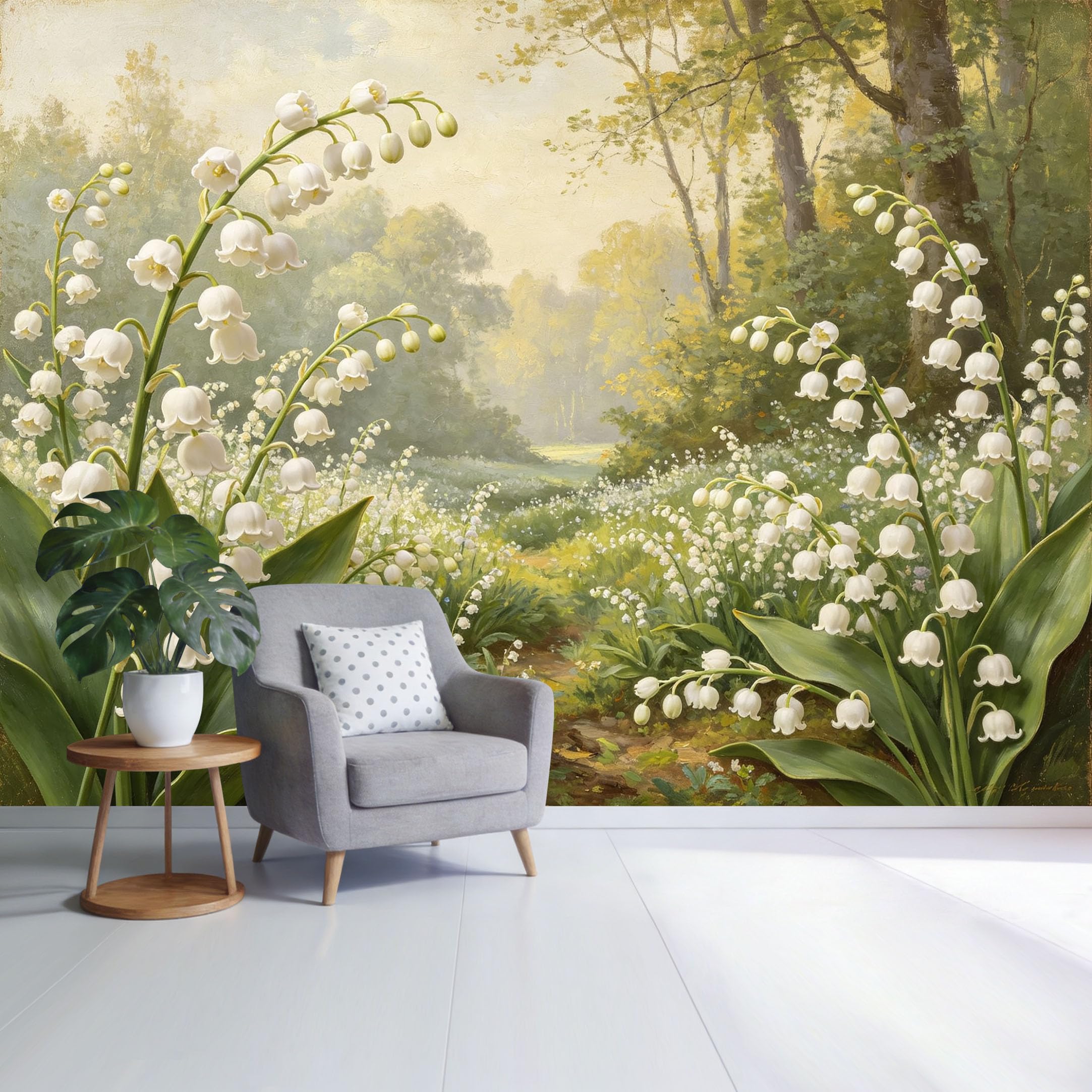 Custom Size Wall Mural Botanical Lily of the Valley Forest Path Watercolor Landscape SelfAdhesive Wall Fabric Removable Wallpaper for Home Office Decor