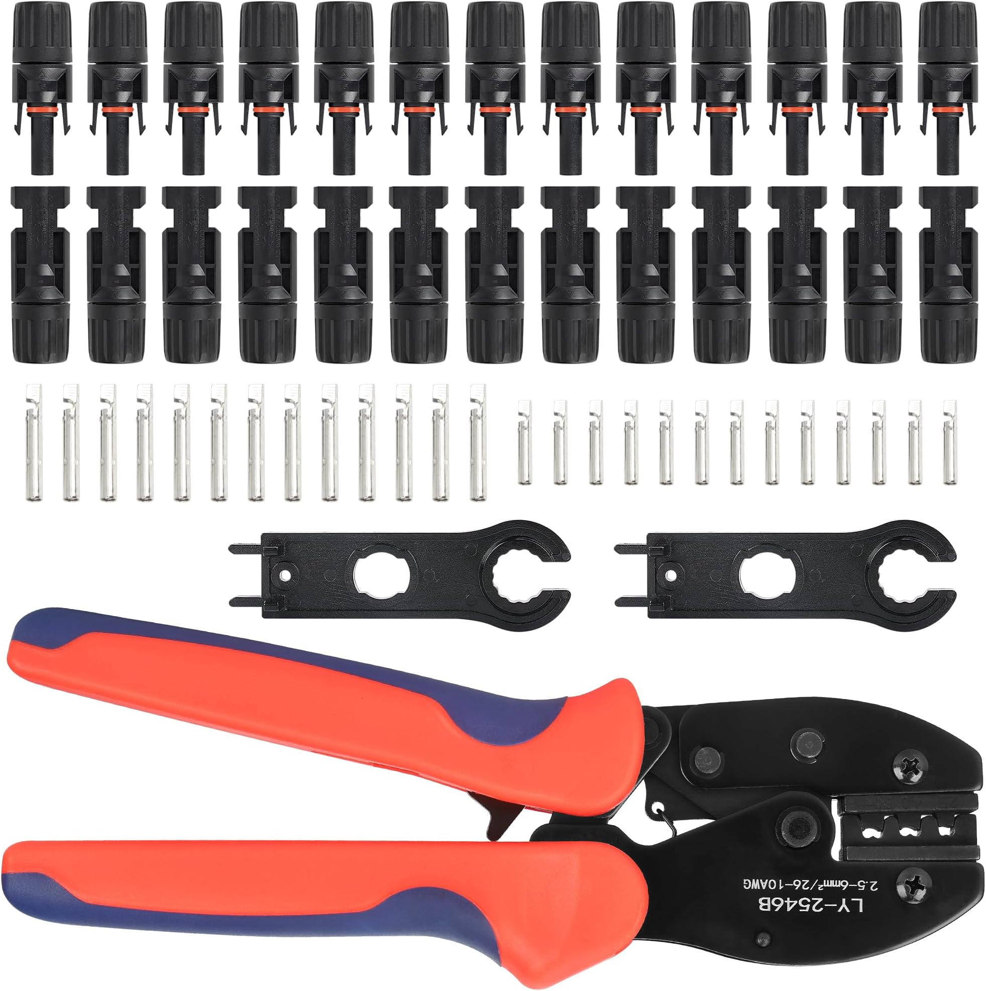 55PCS Solar Crimping Tool Kit - 1 Crimper Stripper Tool 2 PCS Spanner Wrenches 13 Pairs Solar Connectors 13 Pairs Connector Pins for for 2.5/4/6mm² Solar Panel Cable Assembly & Installation