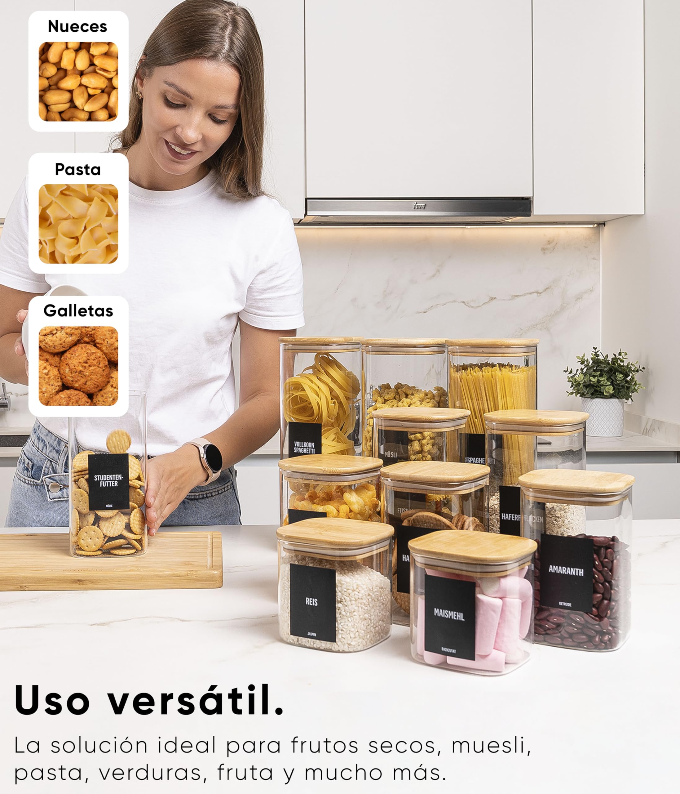 Deco haus® Tarros de Cristal con Tapa hermética, Juego de 8 [+ Etiquetas], Botes Cocina Almacenaje, Tarros Cristal con Tapa de Madera, Frascos de vidrio Apto para Harina, Café, Pasta