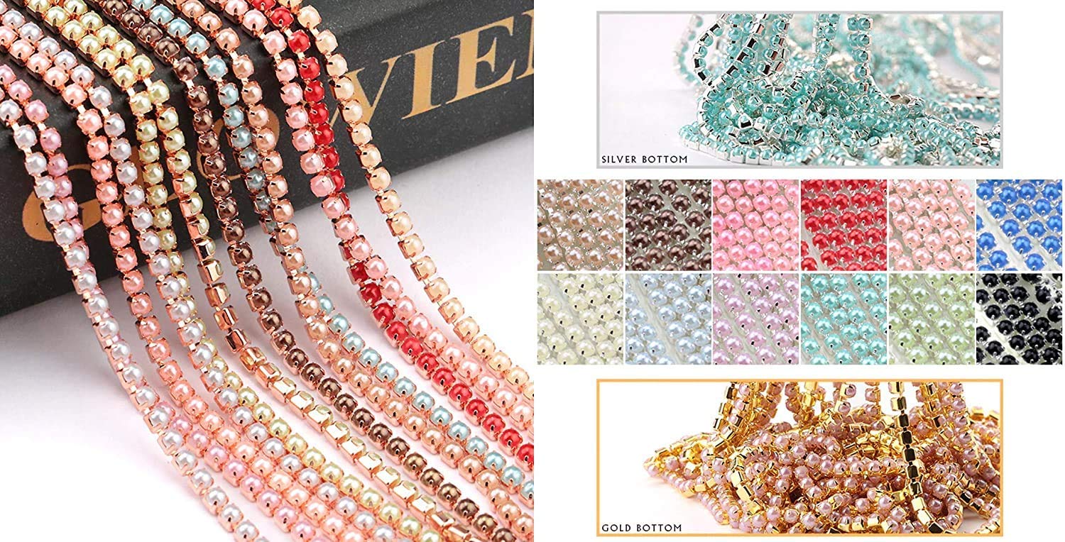 DIY Crafts 2 Yards, Light Blue-Silver, Colour 2Yard/10/20Yards ABS SS6/2mm 9 Colors Pearl Copper Rhinestone Chain Base Cup Pearl Chain for Sewing (2 Yards, Light Blue-Silver) 3