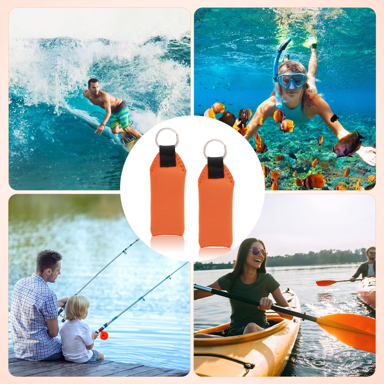 NQEUEPN 2pcs Floating Key Chain for Boating - Orange Neoprene Boat Ring Float Waterproof Pendant Foam Keychain for Surfing Rowing Fishing Outdoor Sports
