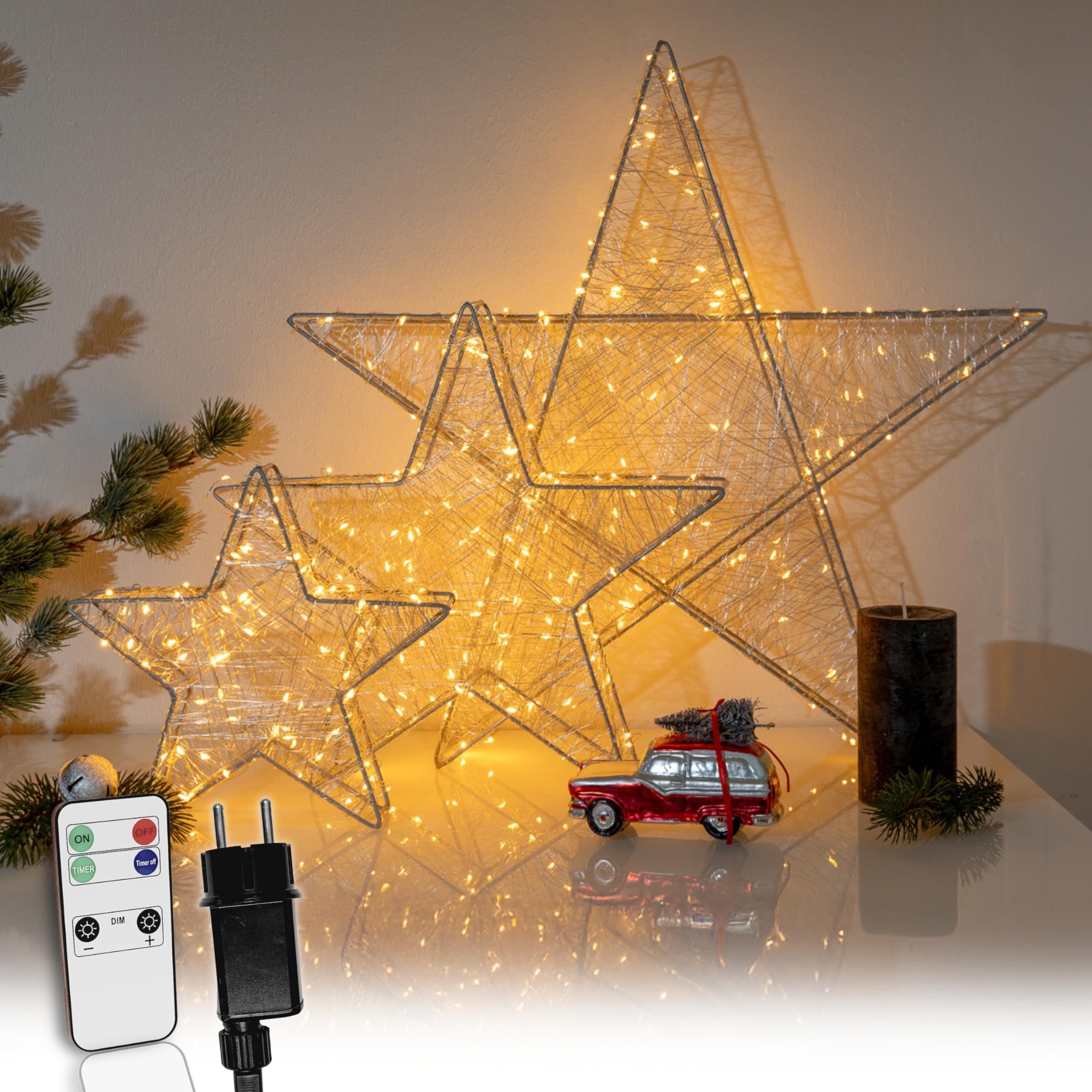 Strombetriebener LED Weihnachtsstern Silber mit Fernbedienung & Timer - dimmbar - Dekostern beleuchtet mit warmweißen LEDs Innen/Außen Weihnachtsdeko Fensterdeko (Silber, 160 LEDs - B57xH54xT8)