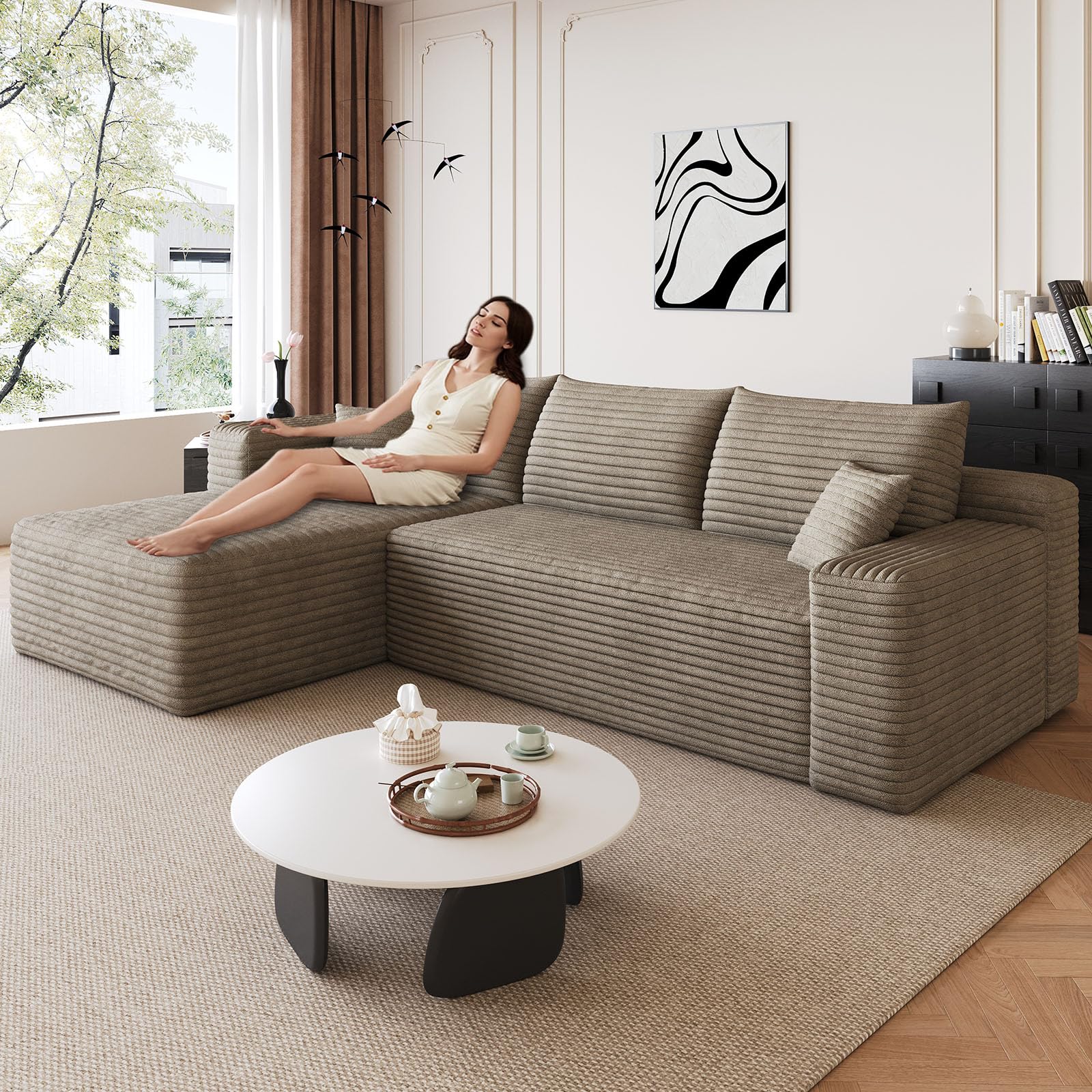 95" Modular Sectional Sofa, Modern Corduroy Cloud Couch with Side Pockets, Boneless Couch Upholstered 3-Seater L-Shaped Sofa for Living Room, No Assembly Required (Camel,Left-Facing Chaise)