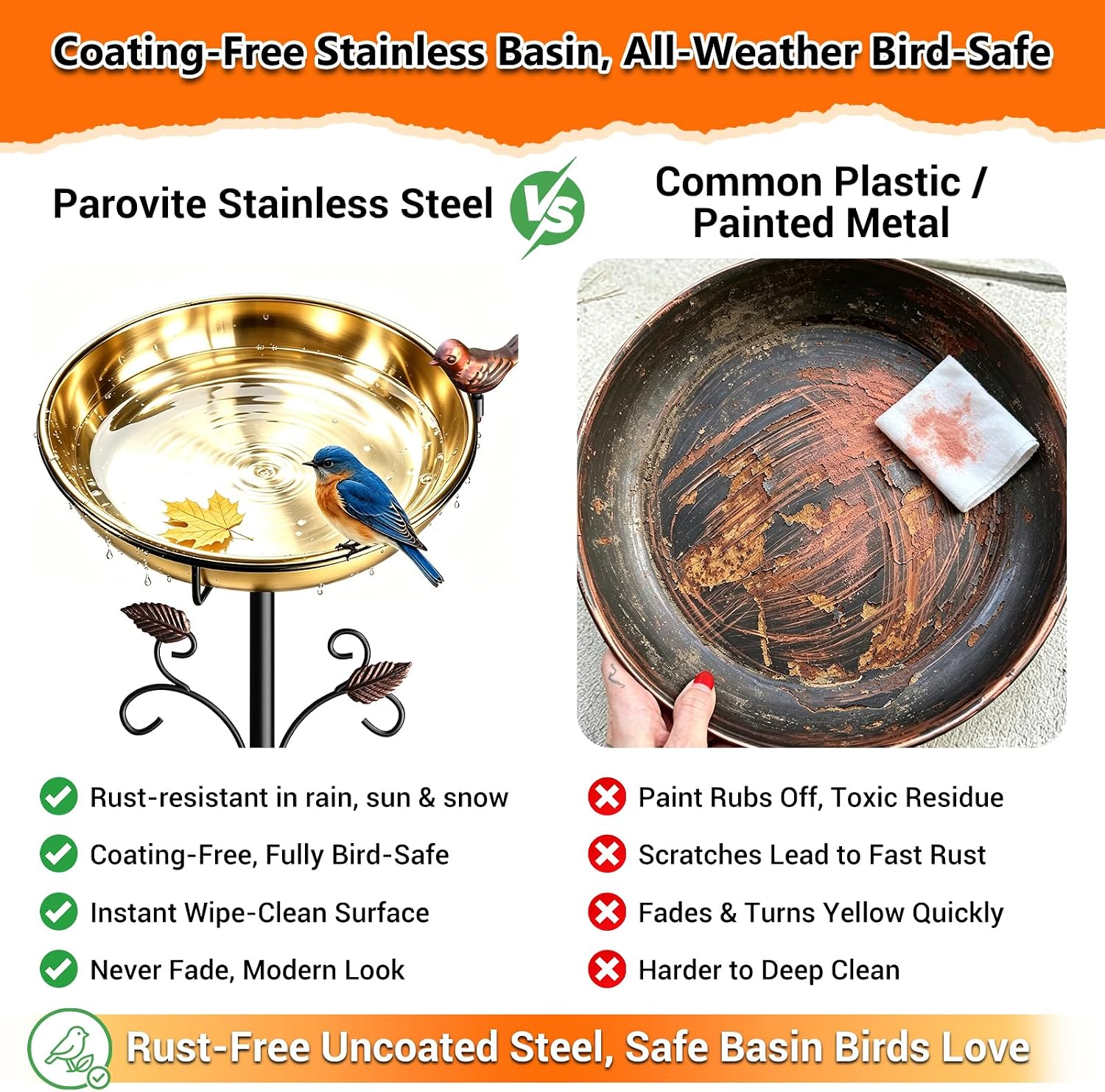 50" Tall Stainless Steel Bird Bath for Outside, Bird Water Feeder