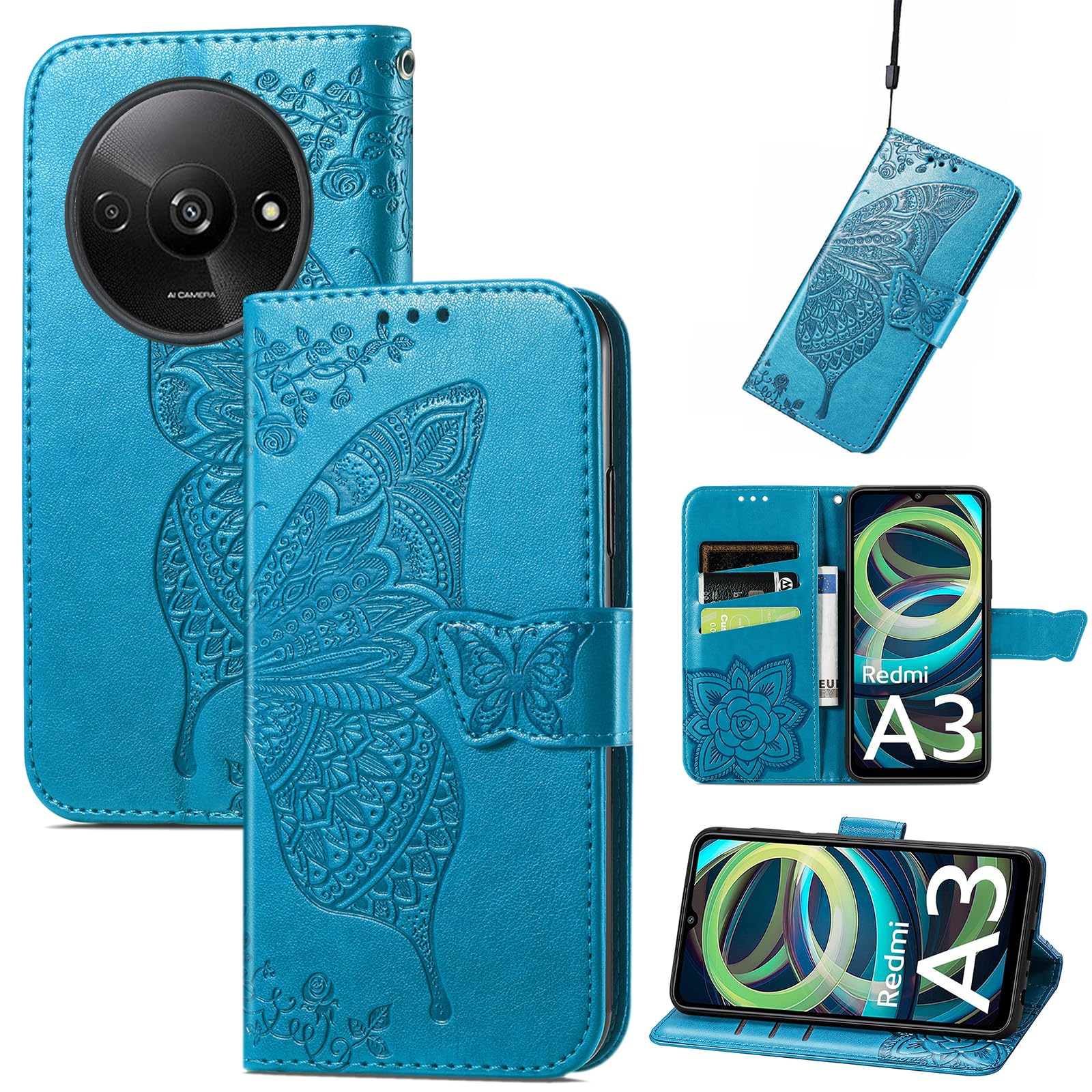 JIUNINE Cover per Xiaomi Redmi A3, Custodia Interno TPU Antiurto Portafoglio con Disegni di Farfalla [Carta Fessura] [Supporto Stand] Cover Libro in PU Pelle per Xiaomi Redmi A3, Viola