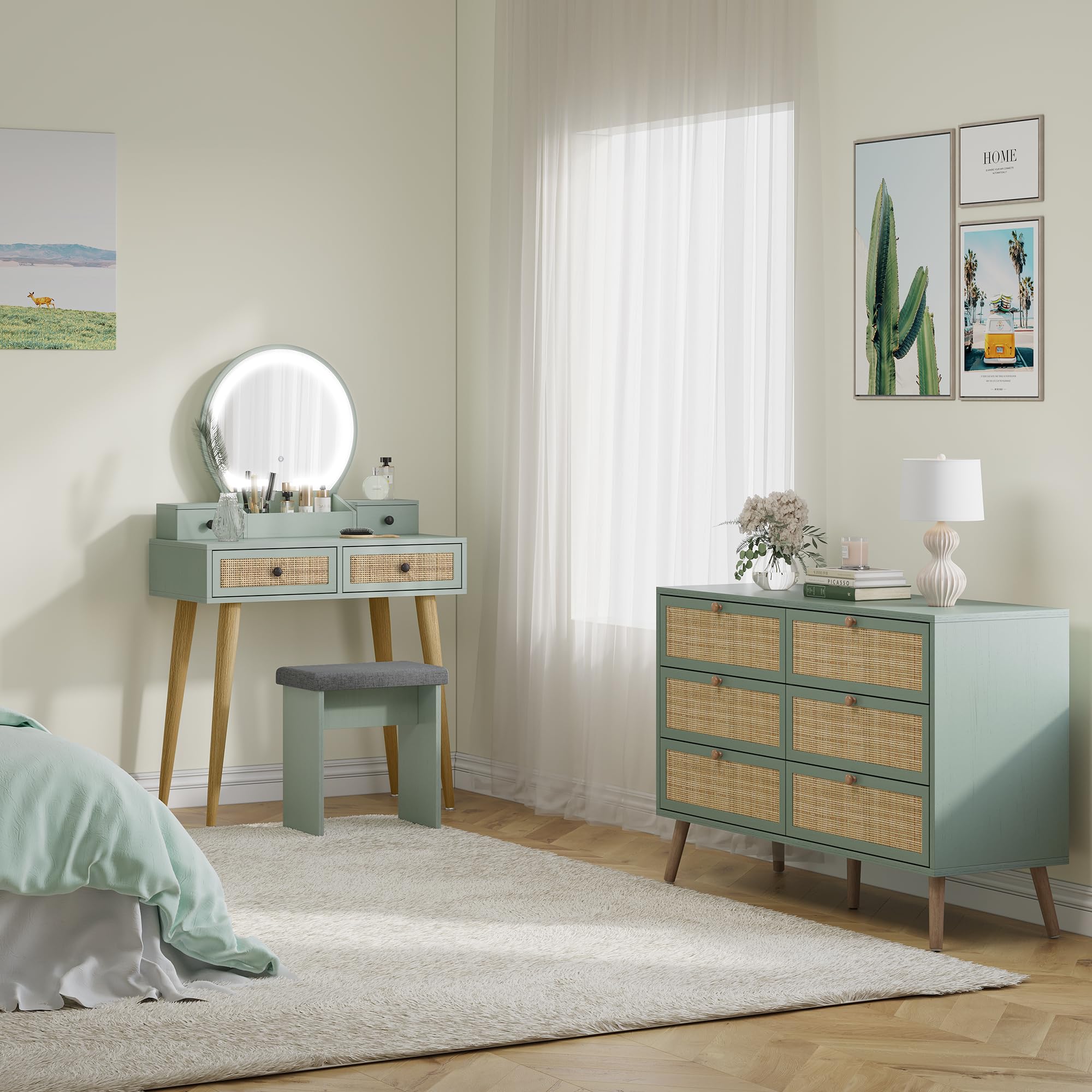 Amazon.com: Yechen 47.2'' Wide Mid-Century Modern Dresser with Hand-Woven  Natural Rattan, Vintage Green Boho 6 Drawer Dressers with Wooden Legs, Wood  Storage Chest of Drawers for Bedroom, Living Room, Nursery : Home