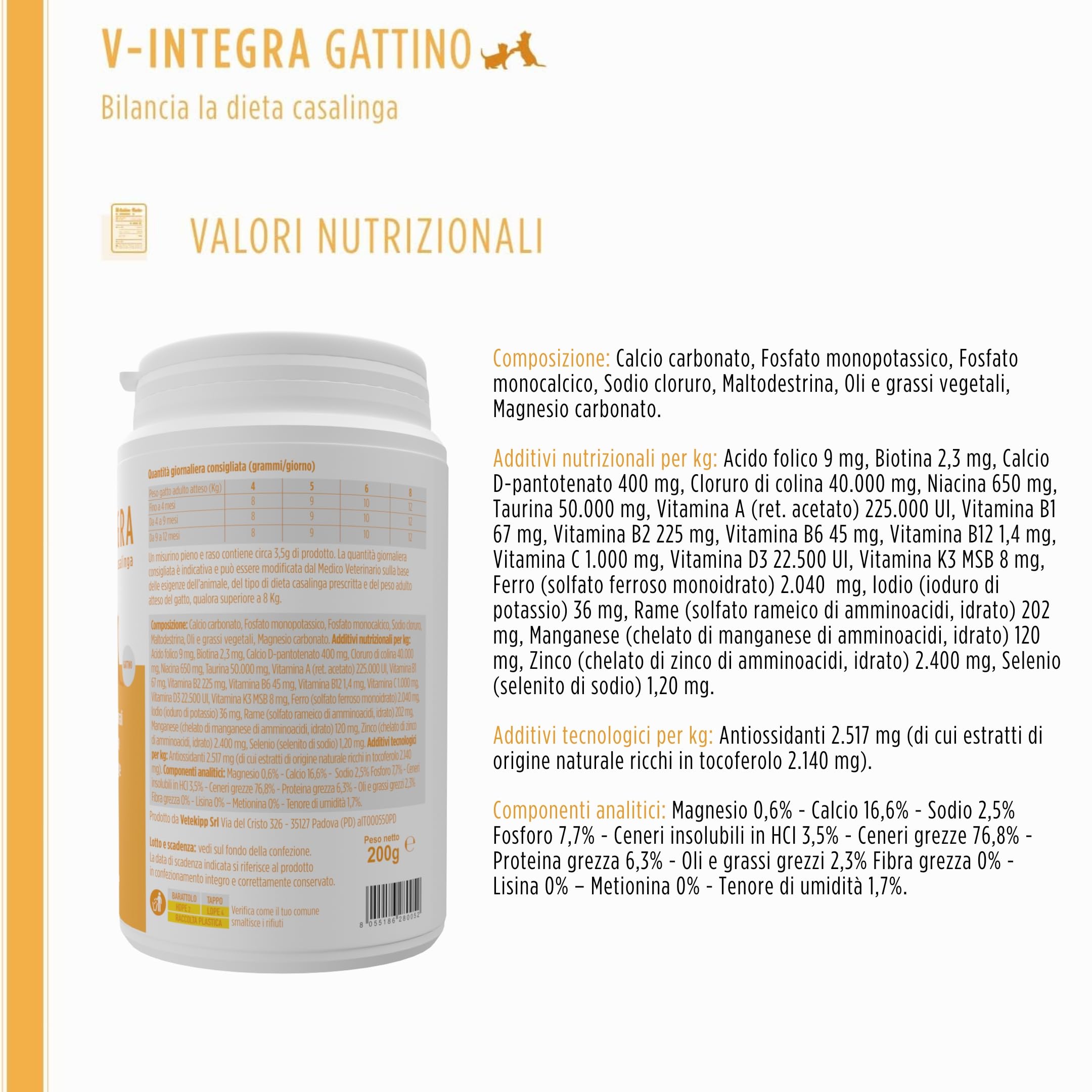 V-INTEGRA Gattino - Integratore Completo Ricco di Vitamine e Minerali, per la Dieta Casalinga del gatto cucciolo - 200g - Made in Italy