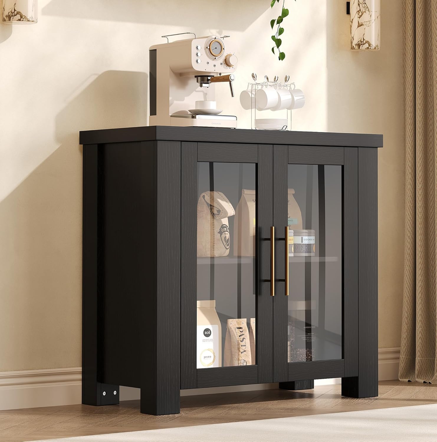 Garvee Buffet Cabinet with Storage, 31.5" Sideboard Credenza with Tempered Glass Doors, Wood Buffet Table for Living Room, Dining Room, Kitchen,Black
