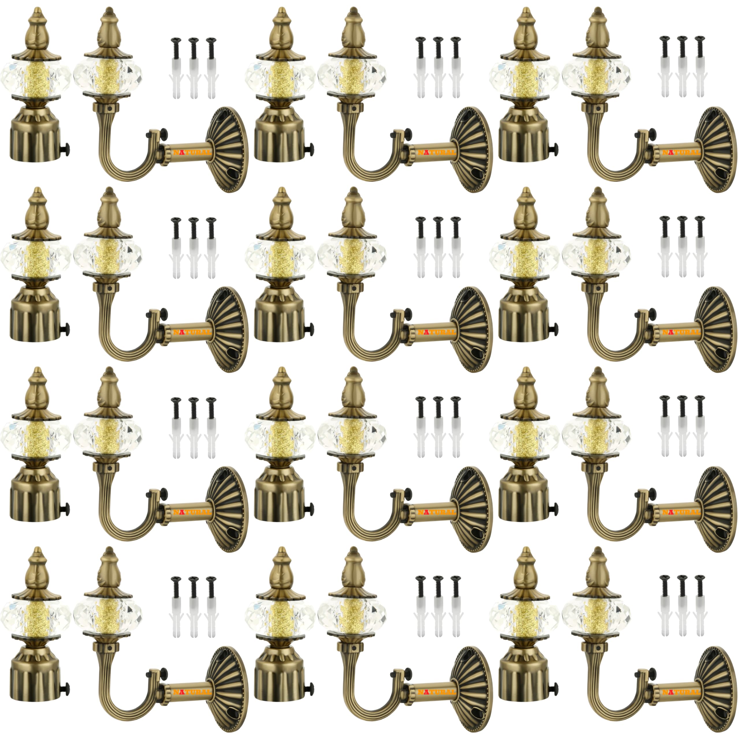 NATURAL Heavy Duty Aluminum Royal Luxury Design Curtain Bracket/Finial and Curtain Support with Screw/Wallplug for Window & Door Curtain Fittings Suitable Upto 1 Inch Pipe. (12 Set, Antique Brass)
