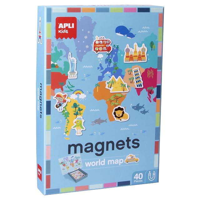 APLI Kids 16494 - Juego didáctico magnético sobre la temática mapamundi, imanes de Animales y monumentos del Mundo.