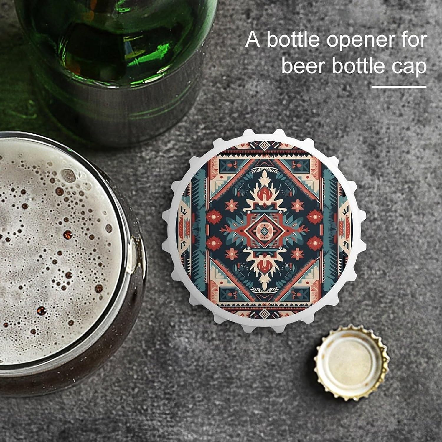 Round Aboriginal Style Magnetic Bottle Opener for Fridge White image 3