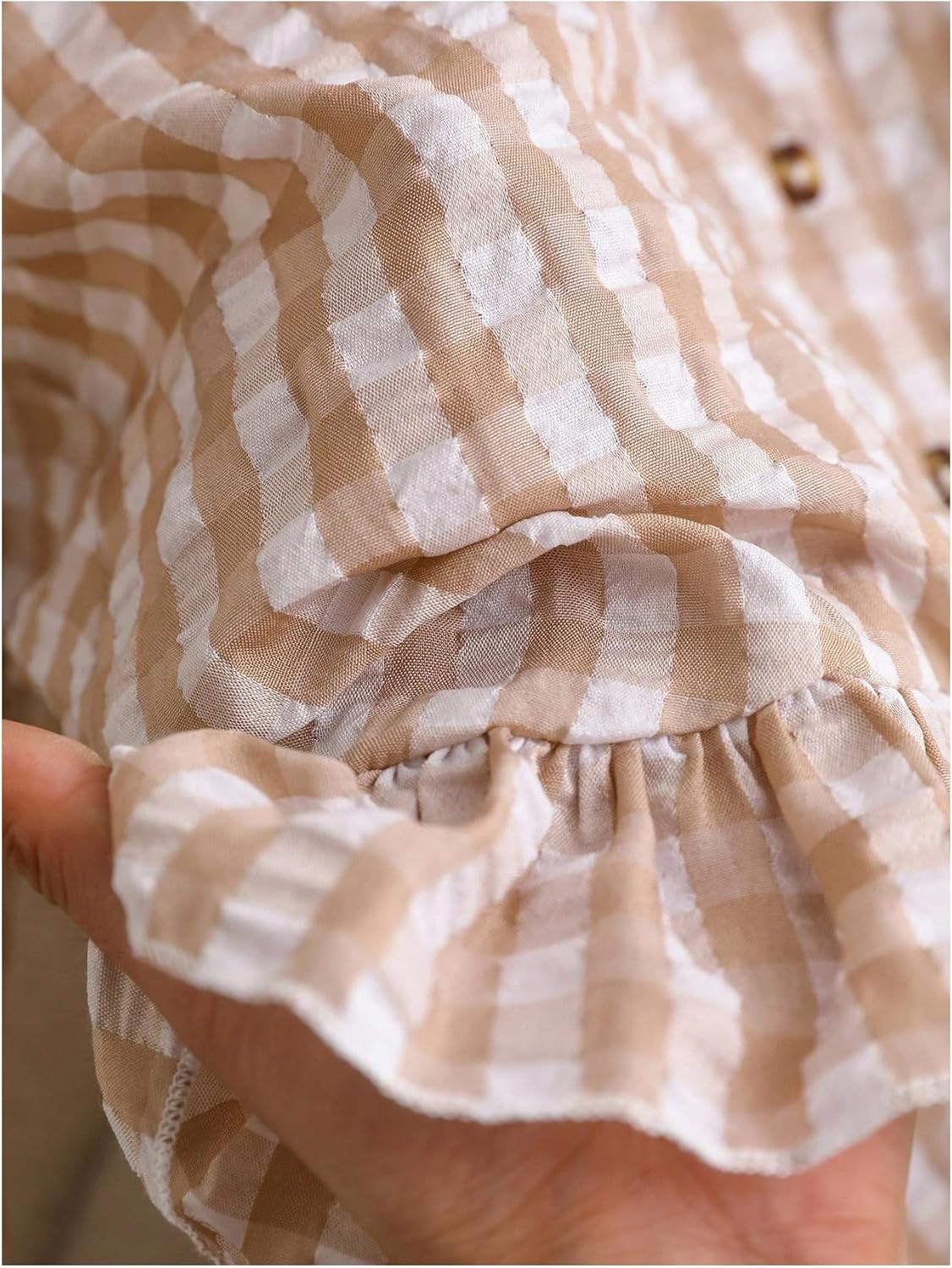 WDIRARA Women's Plus Size Gingham Plaid Button Down Shirts Flounce Long Sleeve Ruffle Blouse Crop Top - Image 5